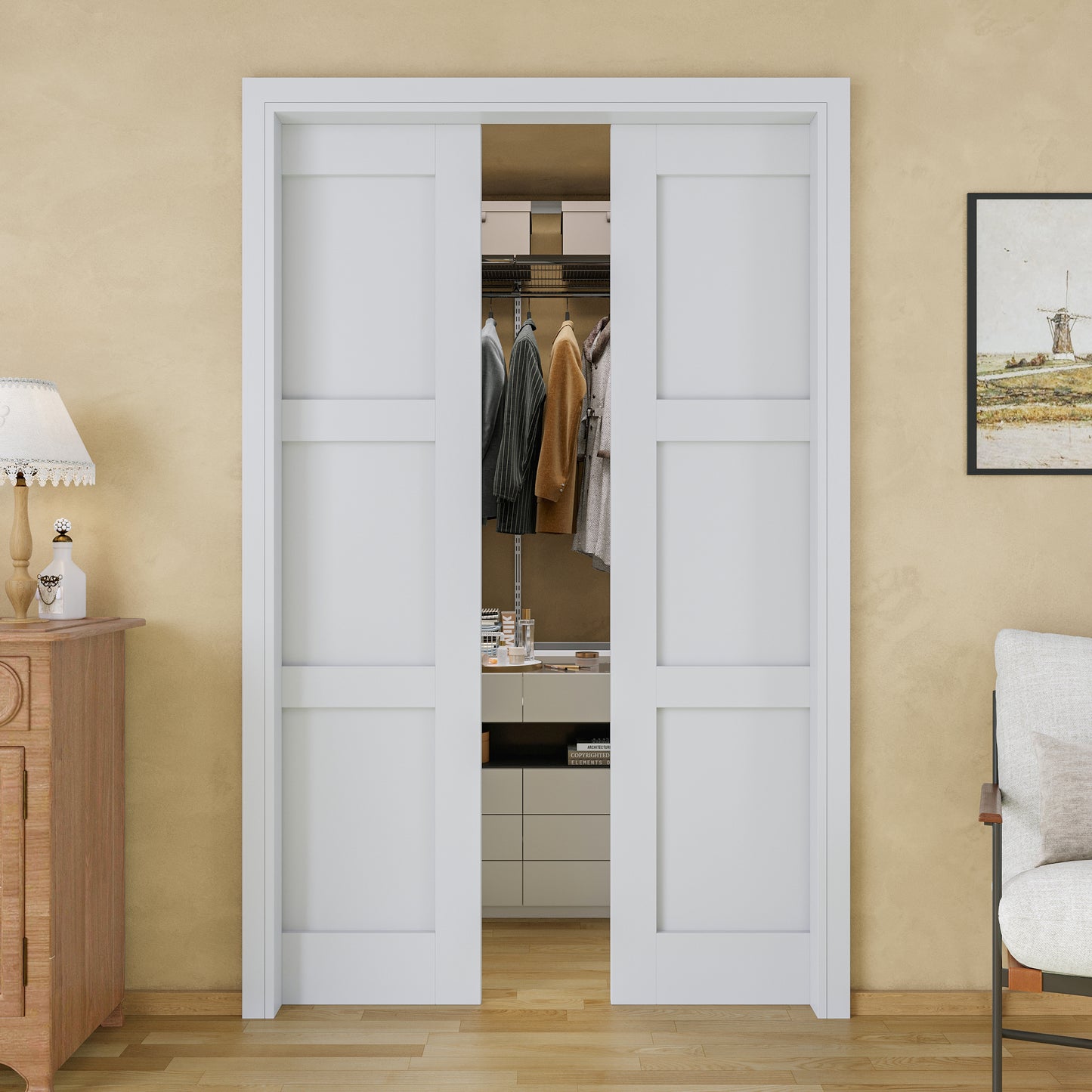 JUJUBON Soft-Close Sliding Pocket Doors, 3 Panel Solid Core MDF Door Slab with Hardware Kit&Pocket Door Frame, Interior Sliding Doors for 2x4 Stud, Pre-Finished&Paintable