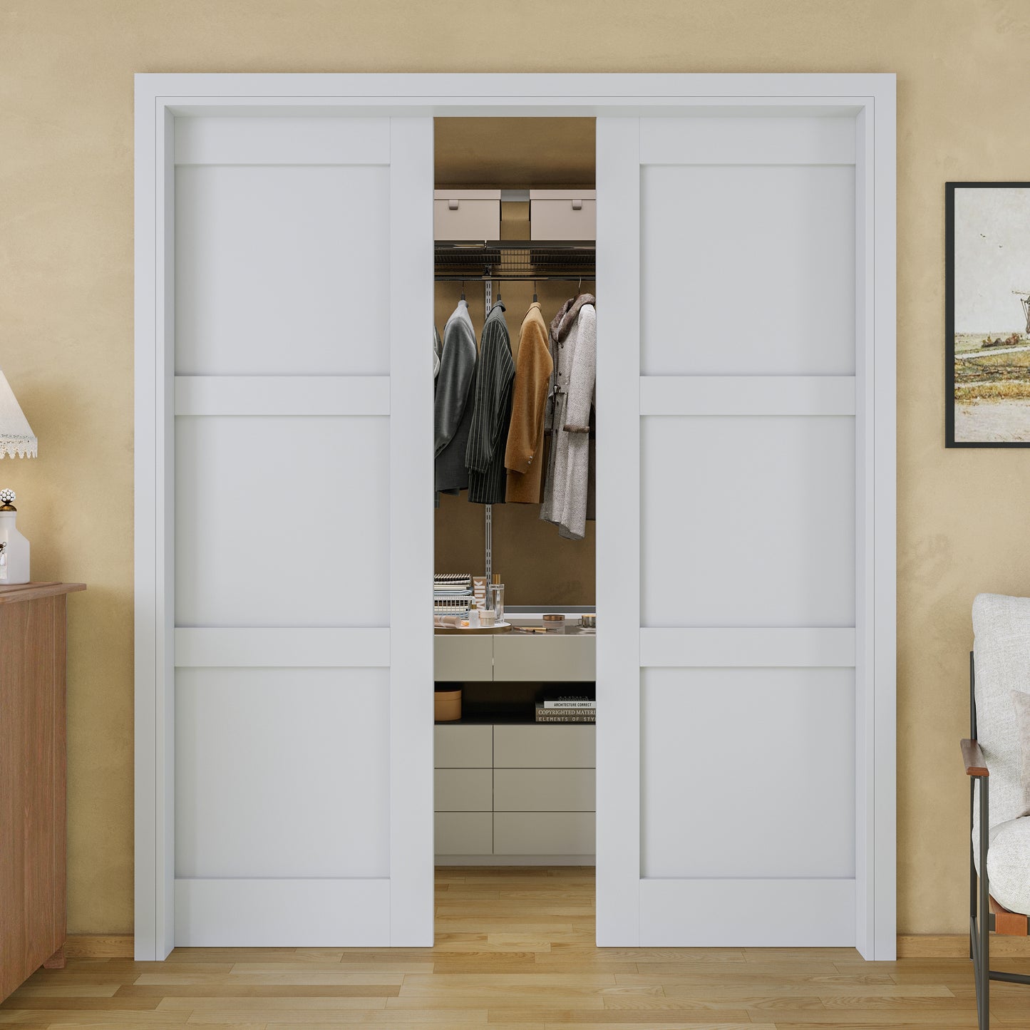 JUJUBON Soft-Close Sliding Pocket Doors, 3 Panel Solid Core MDF Door Slab with Hardware Kit&Pocket Door Frame, Interior Sliding Doors for 2x4 Stud, Pre-Finished&Paintable