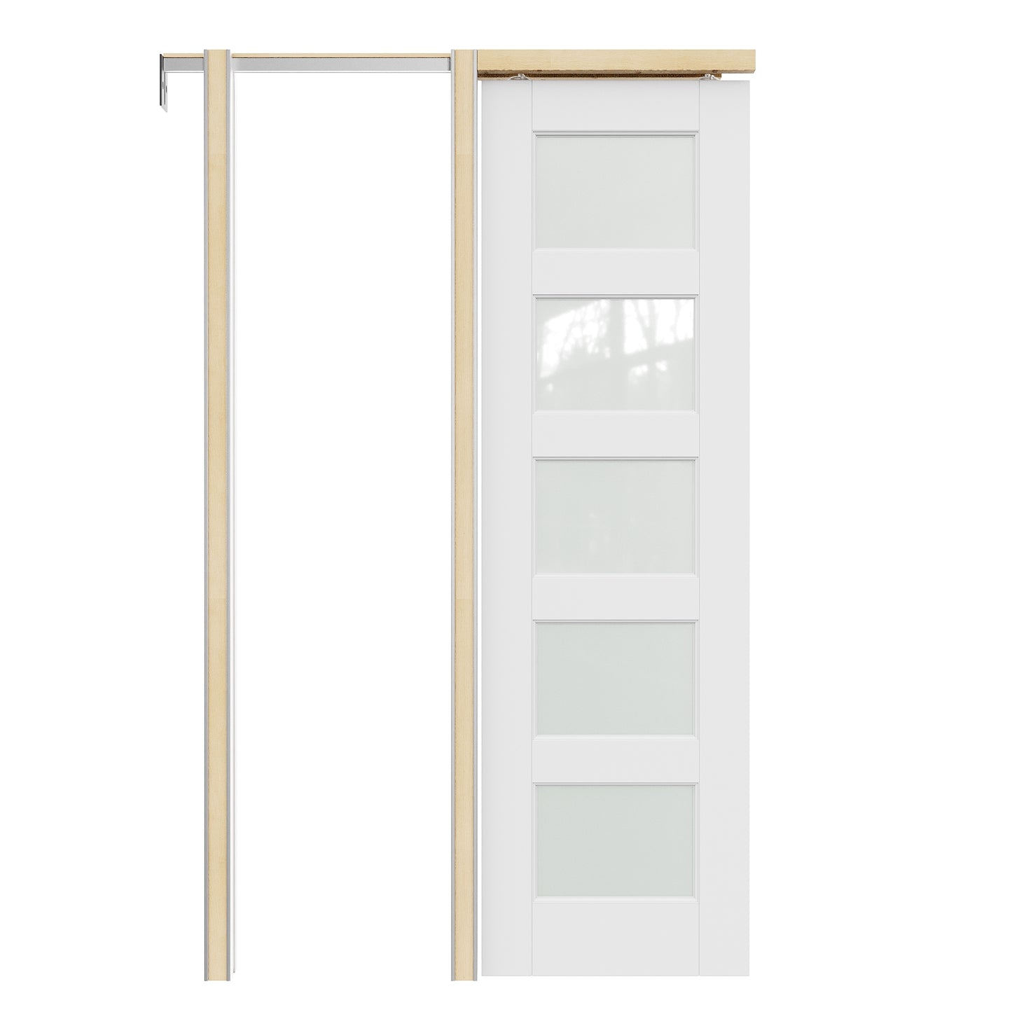 JUJUBON Soft-Close Sliding Pocket Doors, 5 Panel Tempered Frosted Glass Door Slab with Hardware Kit&Pocket Door Frame, Interior Sliding Doors for 2x4 Stud, Pre-Finished&Paintable