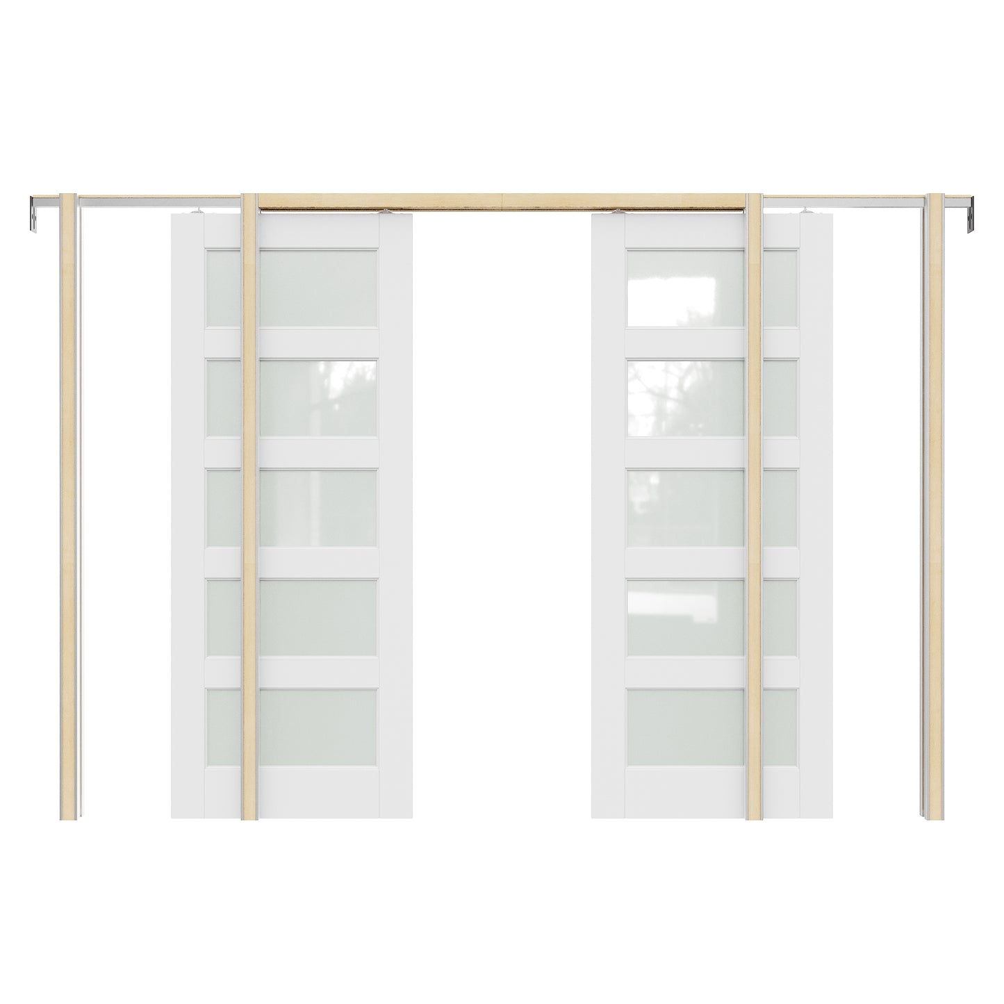 JUJUBON Soft-Close Sliding Pocket Doors, 5 Panel Tempered Frosted Glass Door Slab with Hardware Kit&Pocket Door Frame, Interior Sliding Doors for 2x4 Stud, Pre-Finished&Paintable