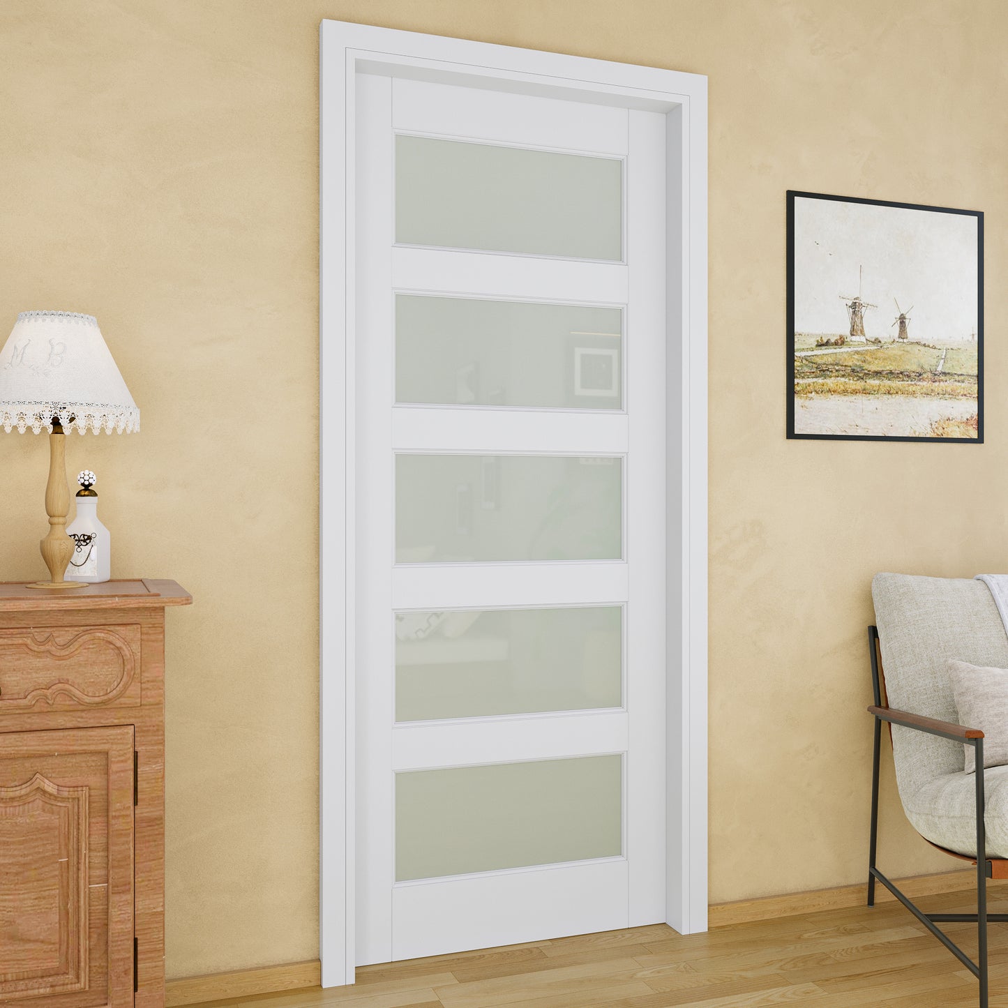 JUJUBON Soft-Close Sliding Pocket Doors, 5 Panel Tempered Frosted Glass Door Slab with Hardware Kit&Pocket Door Frame, Interior Sliding Doors for 2x4 Stud, Pre-Finished&Paintable