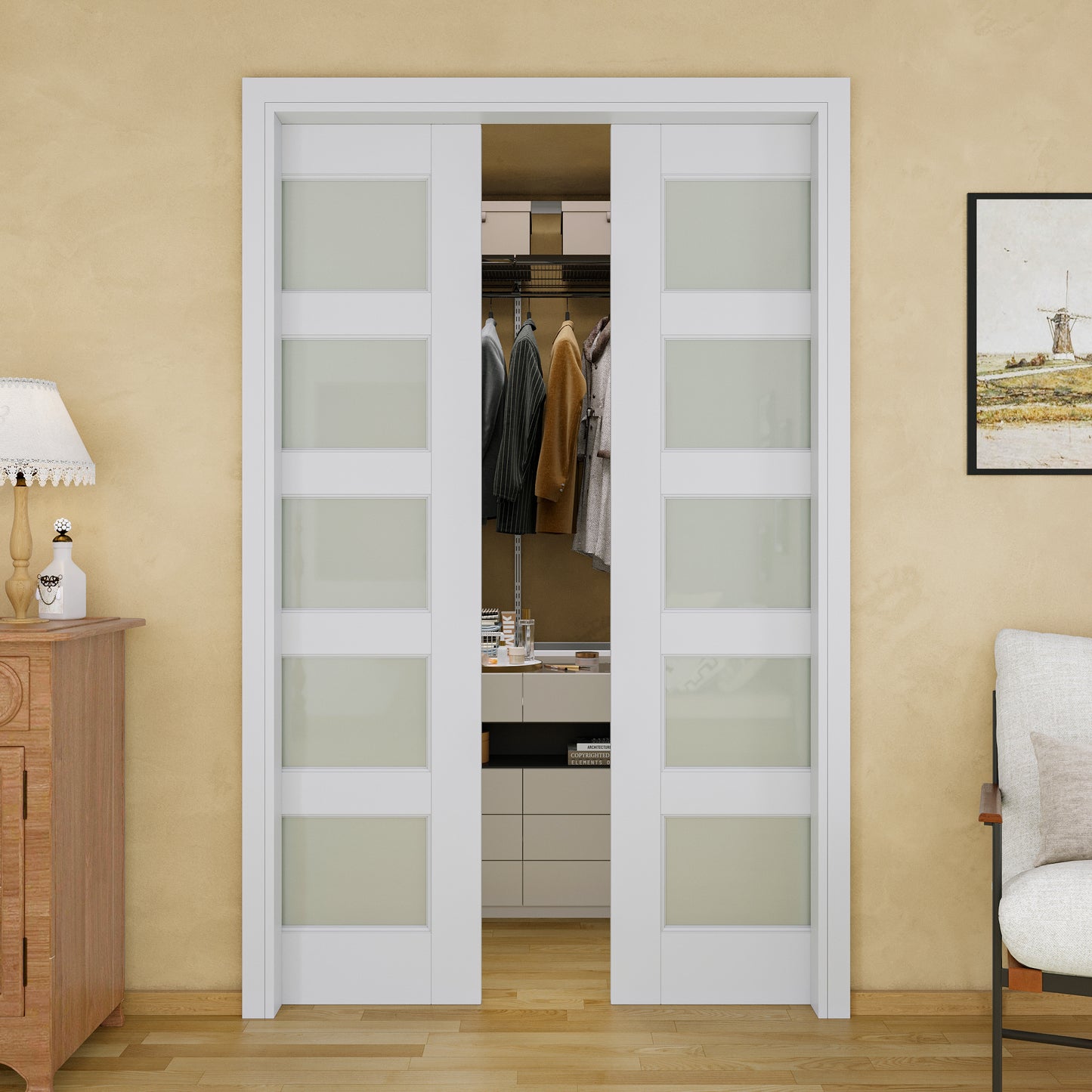 JUJUBON Soft-Close Sliding Pocket Doors, 5 Panel Tempered Frosted Glass Door Slab with Hardware Kit&Pocket Door Frame, Interior Sliding Doors for 2x4 Stud, Pre-Finished&Paintable