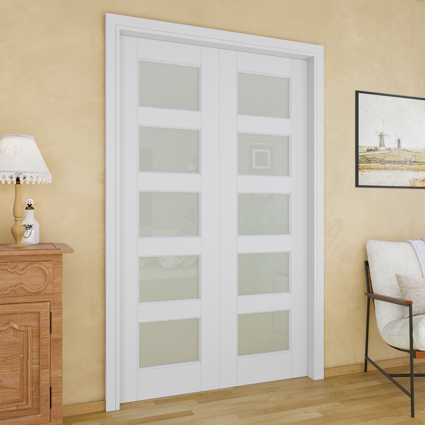 JUJUBON Soft-Close Sliding Pocket Doors, 5 Panel Tempered Frosted Glass Door Slab with Hardware Kit&Pocket Door Frame, Interior Sliding Doors for 2x4 Stud, Pre-Finished&Paintable