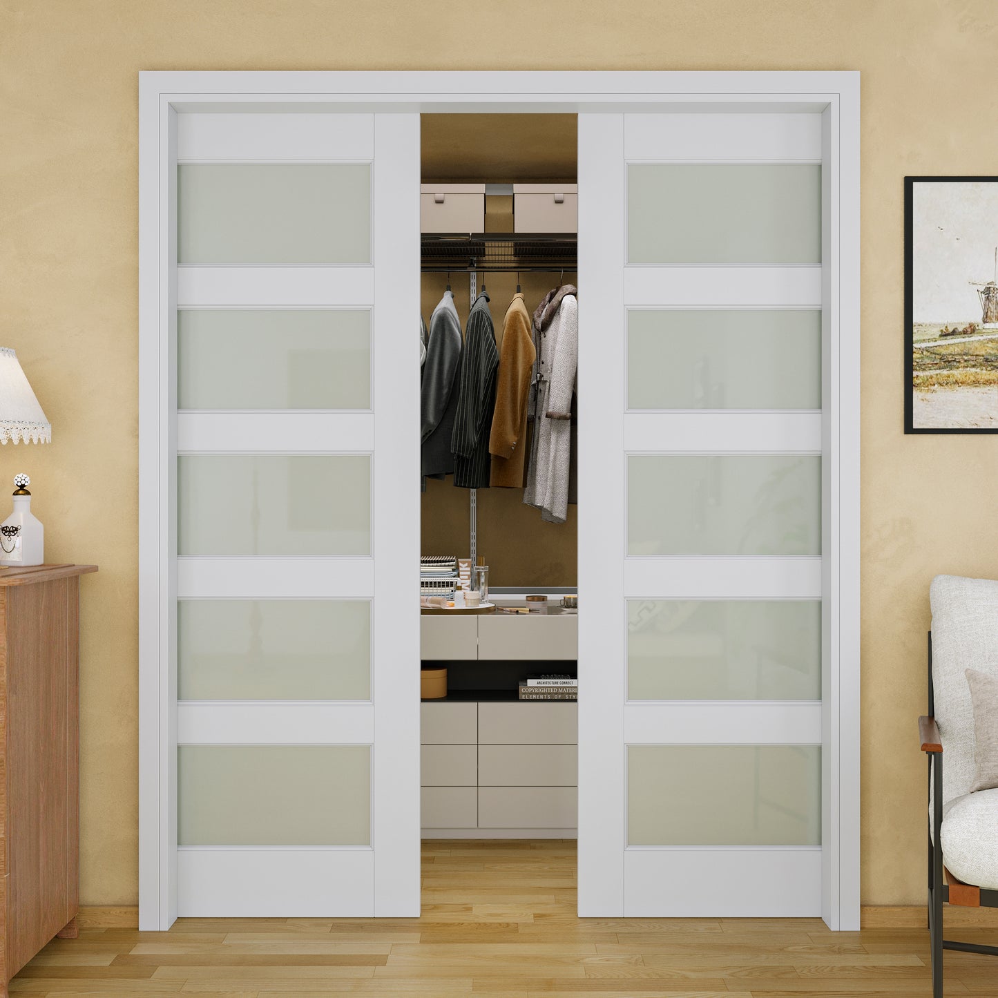 JUJUBON Soft-Close Sliding Pocket Doors, 5 Panel Tempered Frosted Glass Door Slab with Hardware Kit&Pocket Door Frame, Interior Sliding Doors for 2x4 Stud, Pre-Finished&Paintable