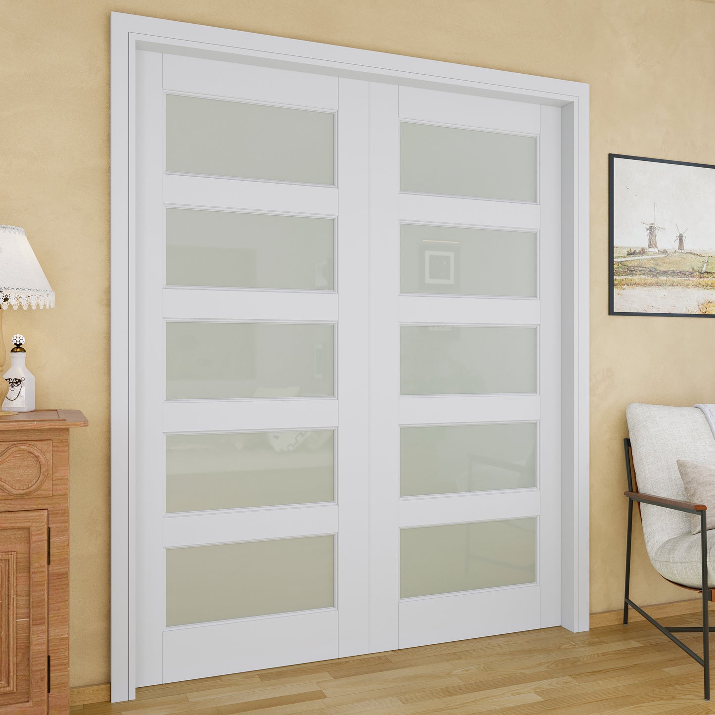 JUJUBON Soft-Close Sliding Pocket Doors, 5 Panel Tempered Frosted Glass Door Slab with Hardware Kit&Pocket Door Frame, Interior Sliding Doors for 2x4 Stud, Pre-Finished&Paintable