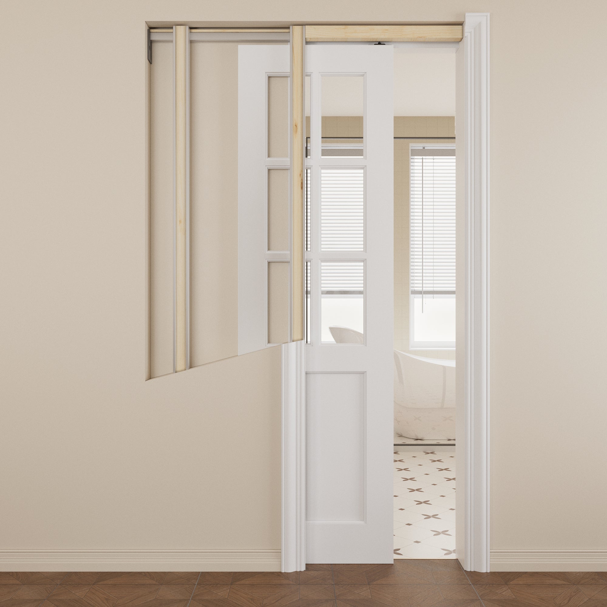 JUJUBON Soft-Close Sliding Pocket Doors, 6-Lite Tempered Clear Glass Door Slab with Hardware Kit&Pocket Door Frame, Interior Sliding Doors for 2x4 Stud, Pre-Finished&Paintable