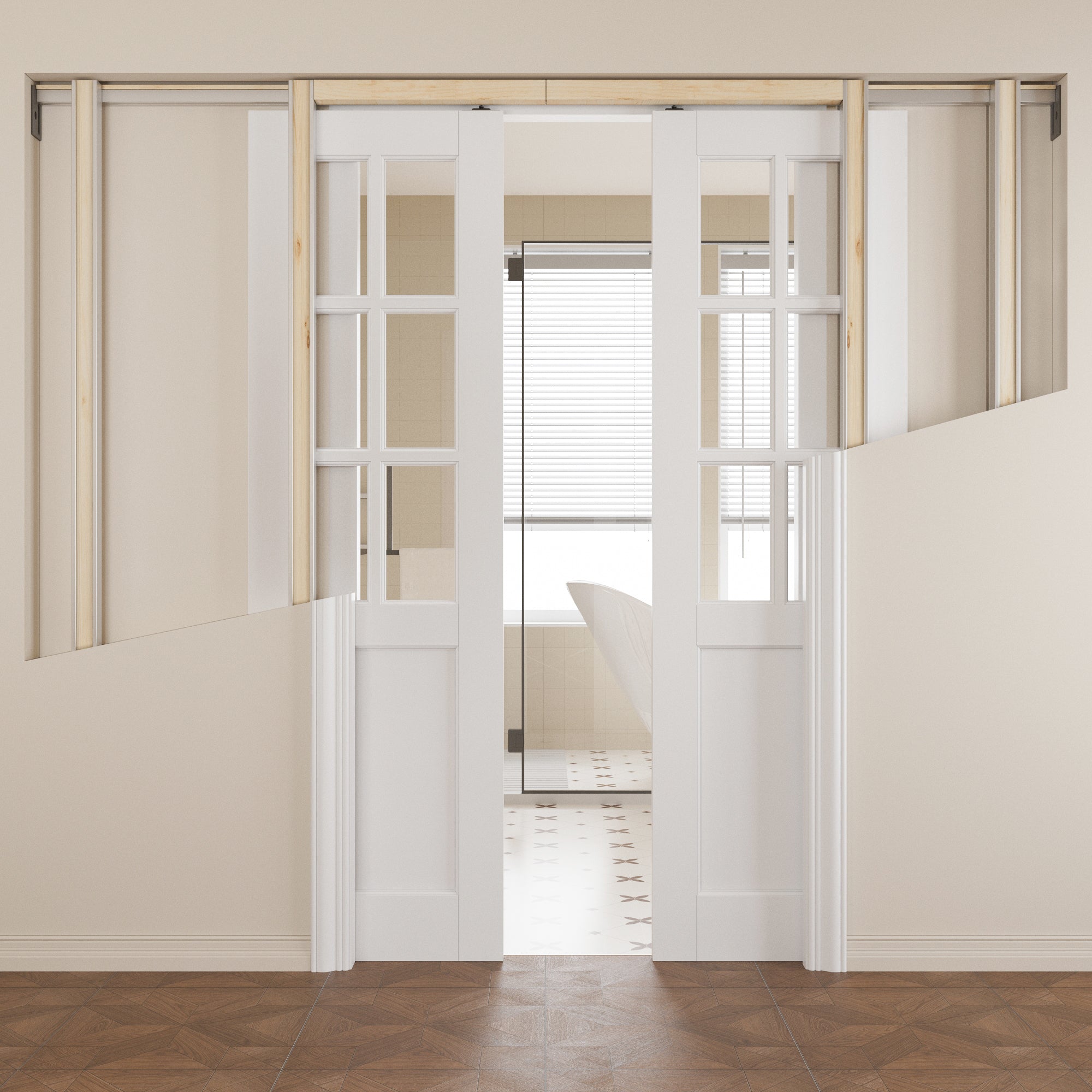JUJUBON Soft-Close Sliding Pocket Doors, 6-Lite Tempered Clear Glass Door Slab with Hardware Kit&Pocket Door Frame, Interior Sliding Doors for 2x4 Stud, Pre-Finished&Paintable