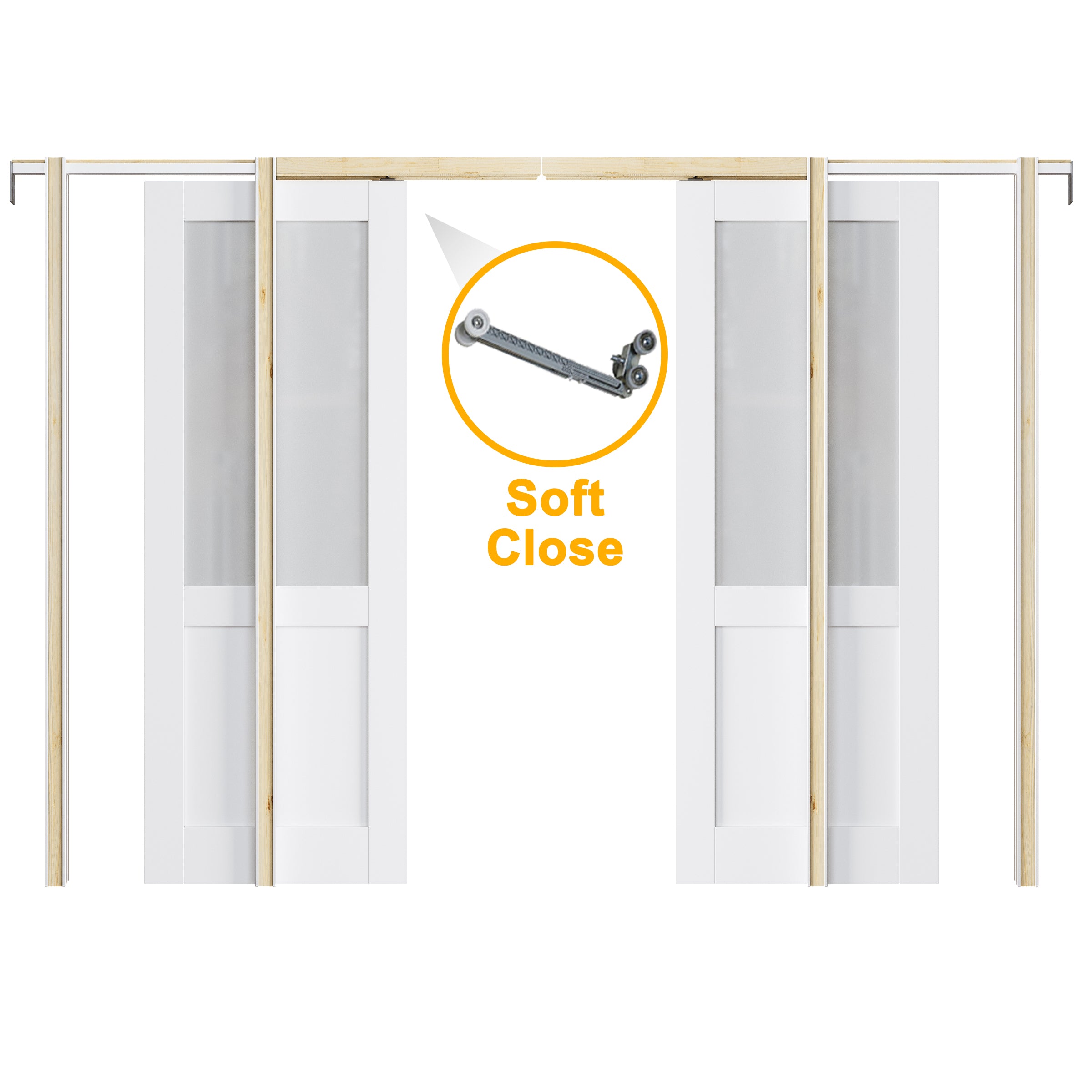 JUJUBON Soft-Close Sliding Pocket Doors, Half Tempered Frosted Glass Door Slab with Hardware Kit&Pocket Door Frame, Interior Sliding Doors for 2x4 Stud, Pre-Finished&Paintable