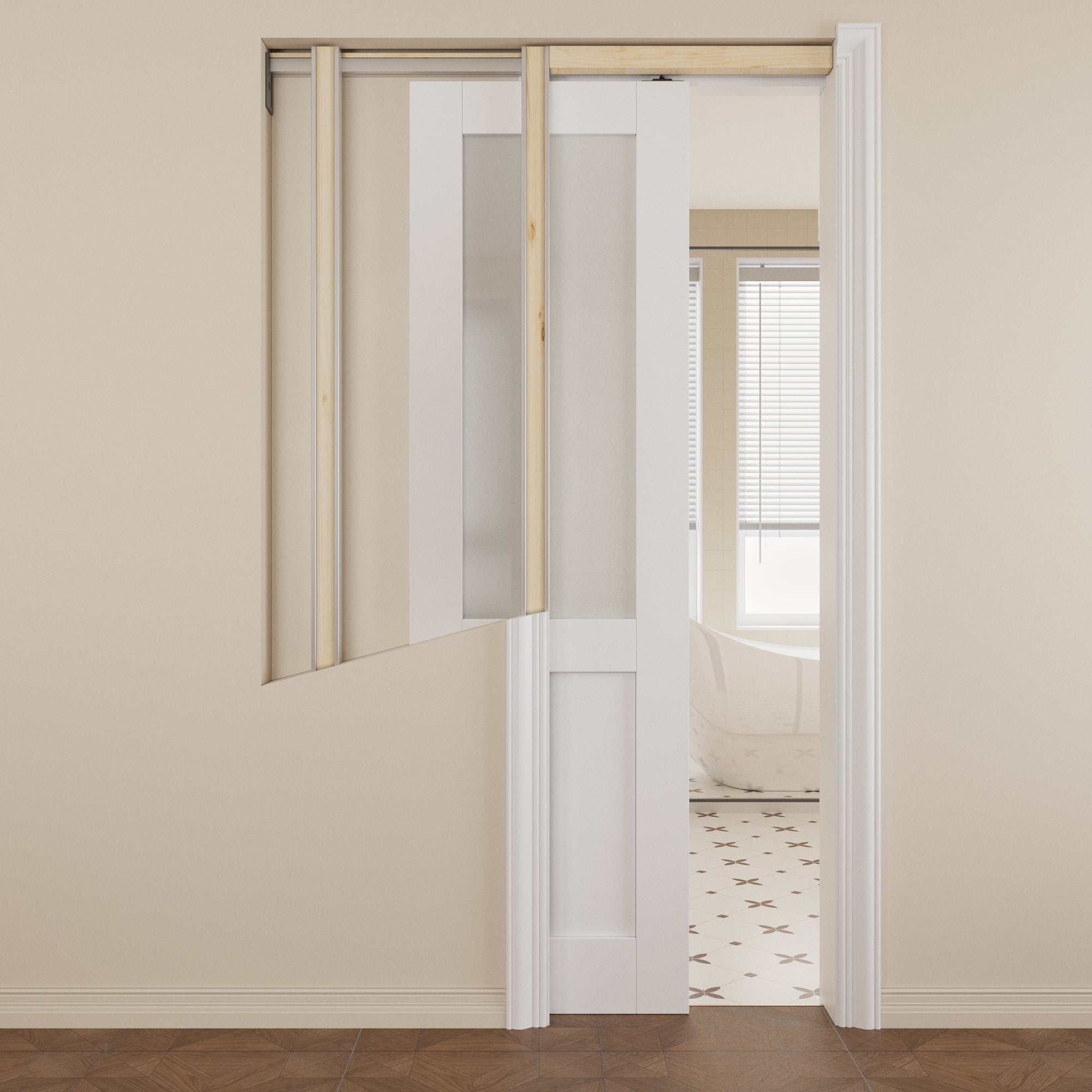 JUJUBON Soft-Close Sliding Pocket Doors, Half Tempered Frosted Glass Door Slab with Hardware Kit&Pocket Door Frame, Interior Sliding Doors for 2x4 Stud, Pre-Finished&Paintable