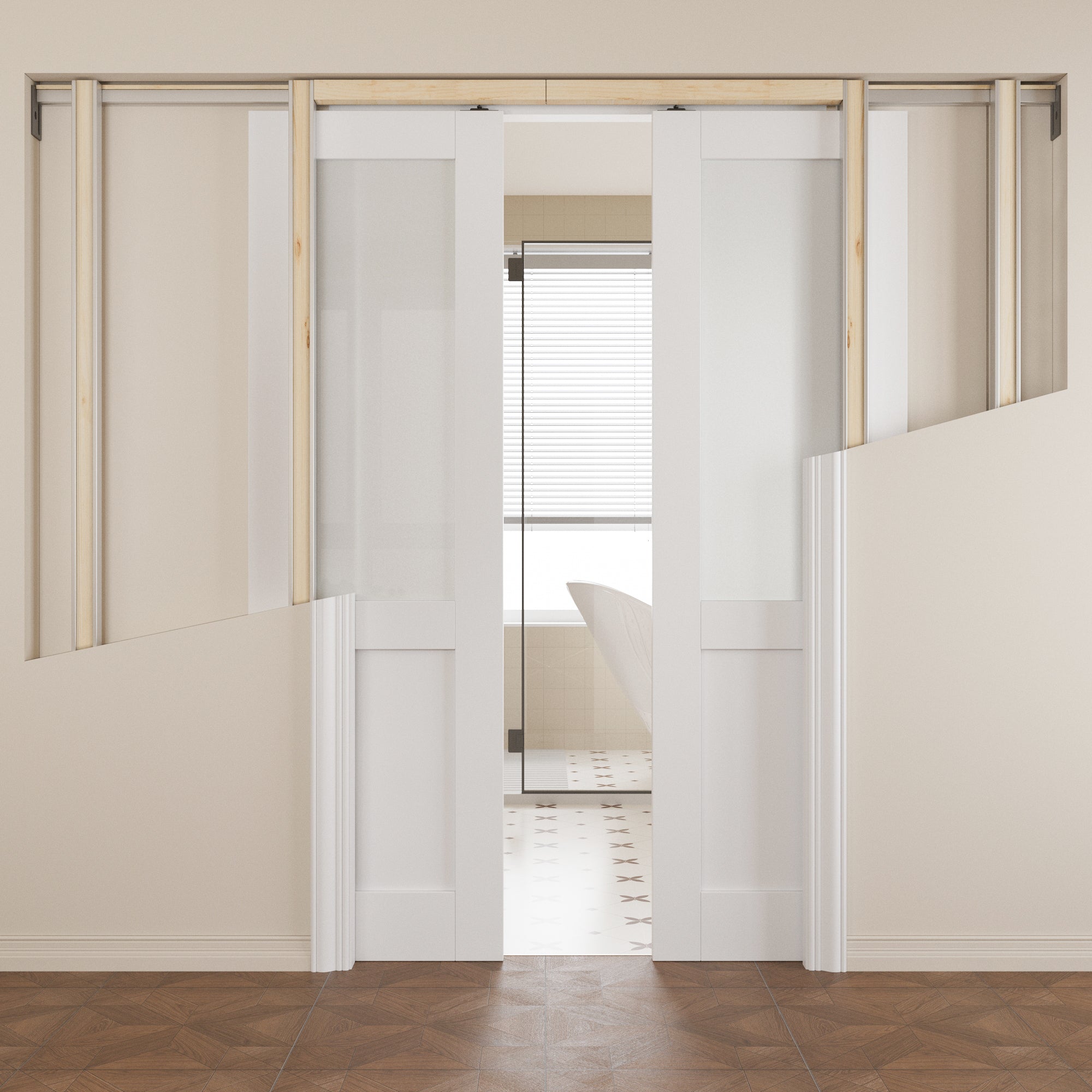 JUJUBON Soft-Close Sliding Pocket Doors, Half Tempered Frosted Glass Door Slab with Hardware Kit&Pocket Door Frame, Interior Sliding Doors for 2x4 Stud, Pre-Finished&Paintable