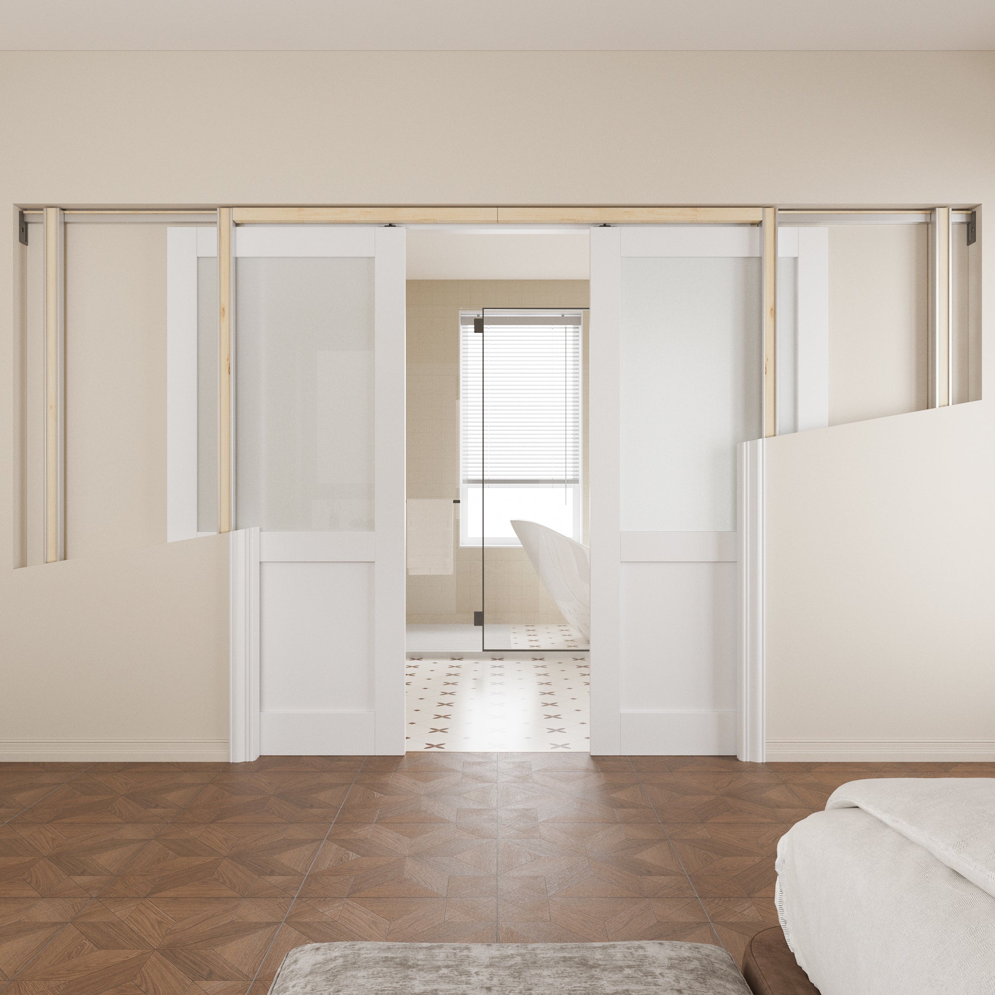 JUJUBON Soft-Close Sliding Pocket Doors, Half Tempered Frosted Glass Door Slab with Hardware Kit&Pocket Door Frame, Interior Sliding Doors for 2x4 Stud, Pre-Finished&Paintable