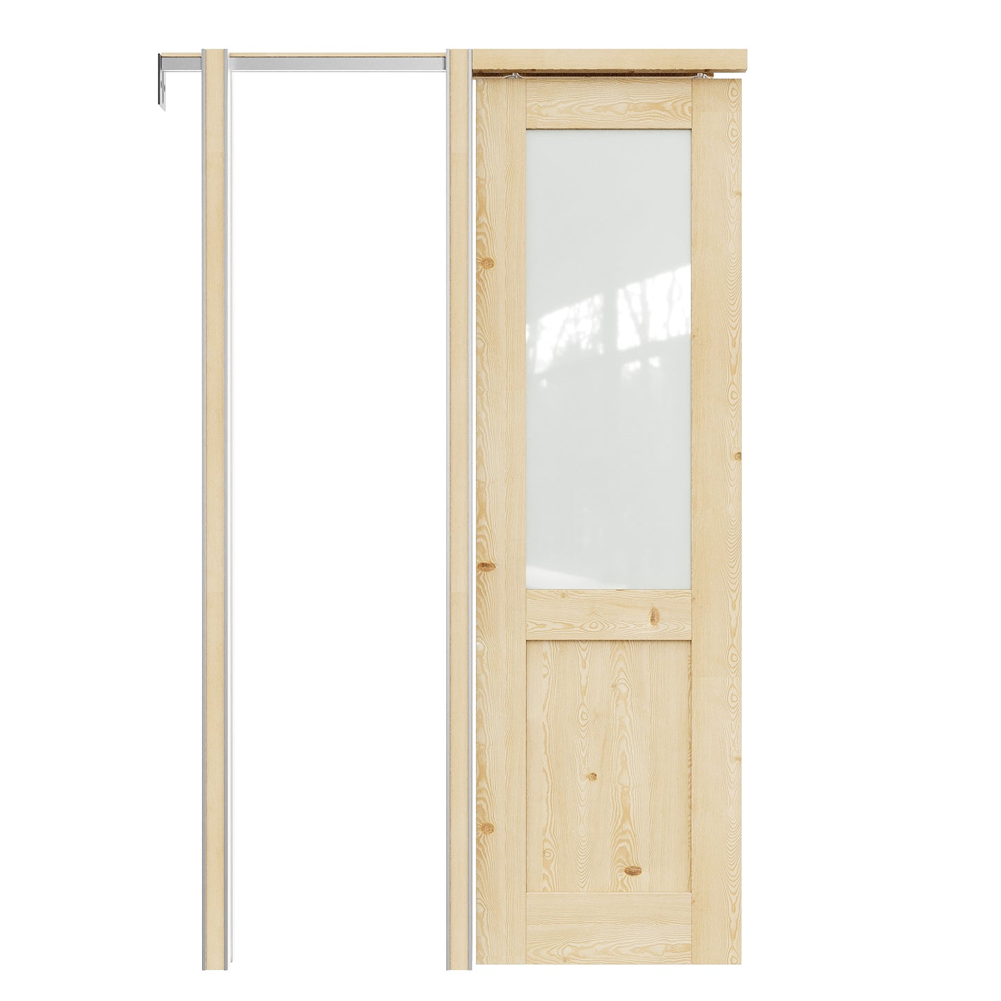 JUJUBON Soft-Close Sliding Pocket Doors, Half Tempered Frosted Glass&Pine Wood Door Slab with Hardware Kit&Pocket Door Frame, Interior Sliding Doors for 2x4 Stud, Unfinished