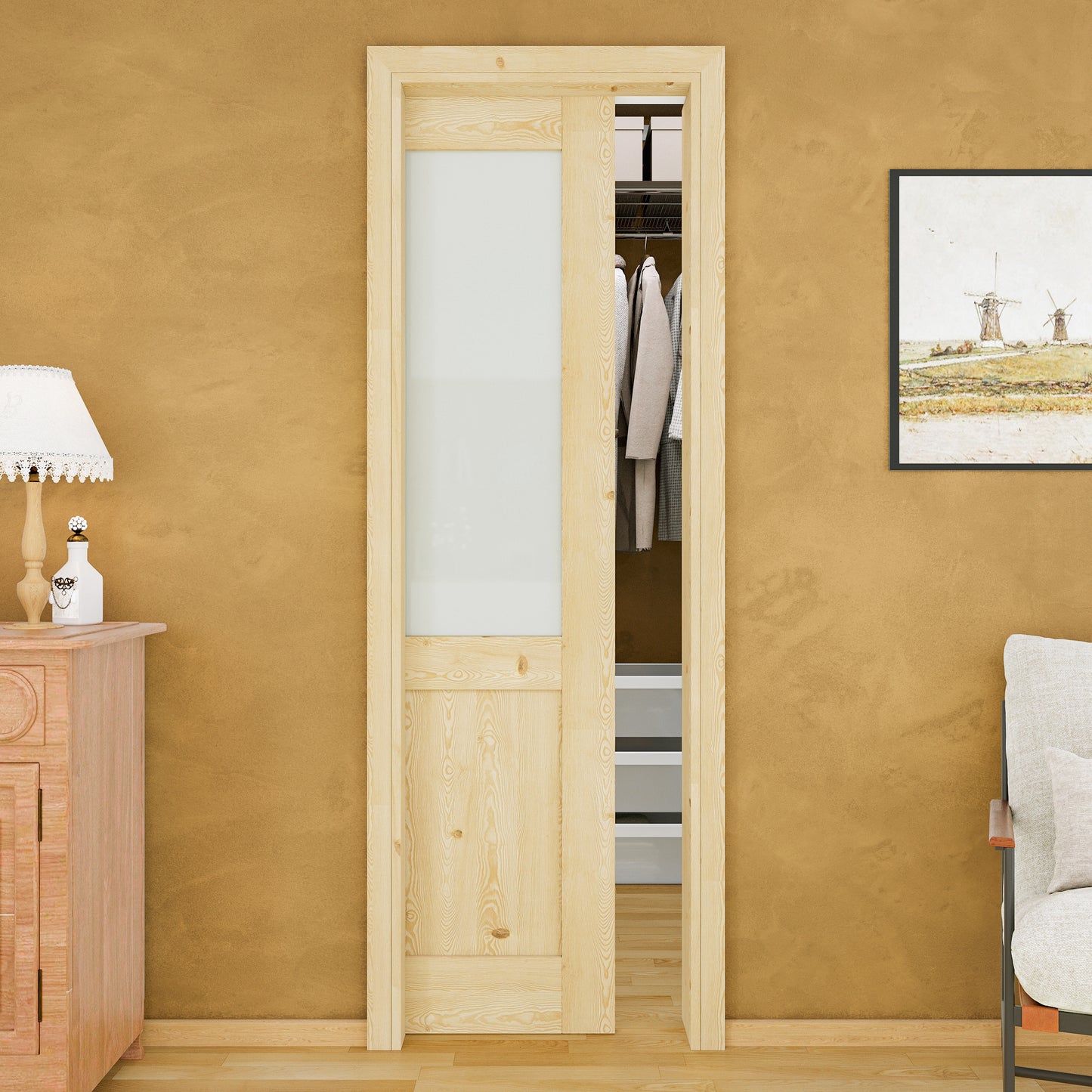 JUJUBON Soft-Close Sliding Pocket Doors, Half Tempered Frosted Glass&Pine Wood Door Slab with Hardware Kit&Pocket Door Frame, Interior Sliding Doors for 2x4 Stud, Unfinished