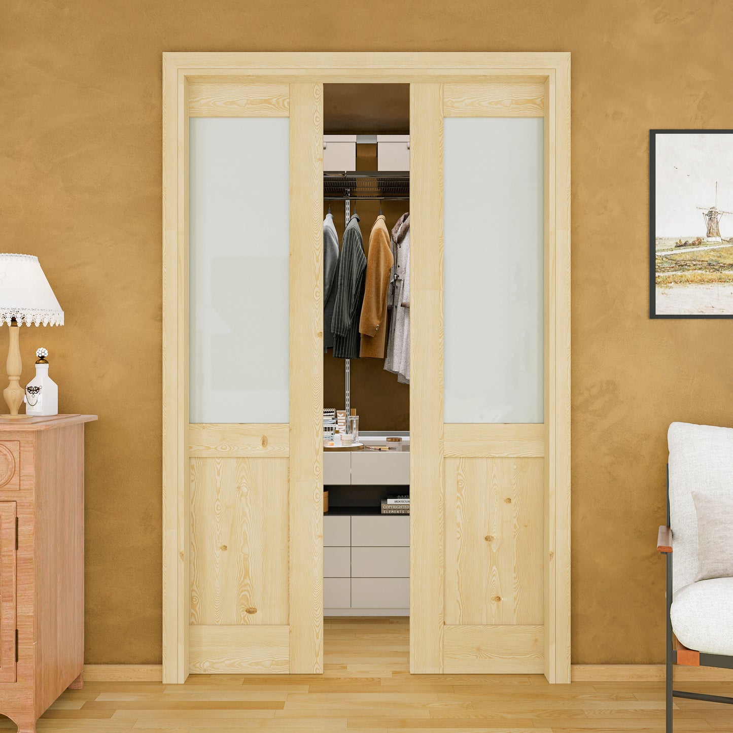 JUJUBON Soft-Close Sliding Pocket Doors, Half Tempered Frosted Glass&Pine Wood Door Slab with Hardware Kit&Pocket Door Frame, Interior Sliding Doors for 2x4 Stud, Unfinished