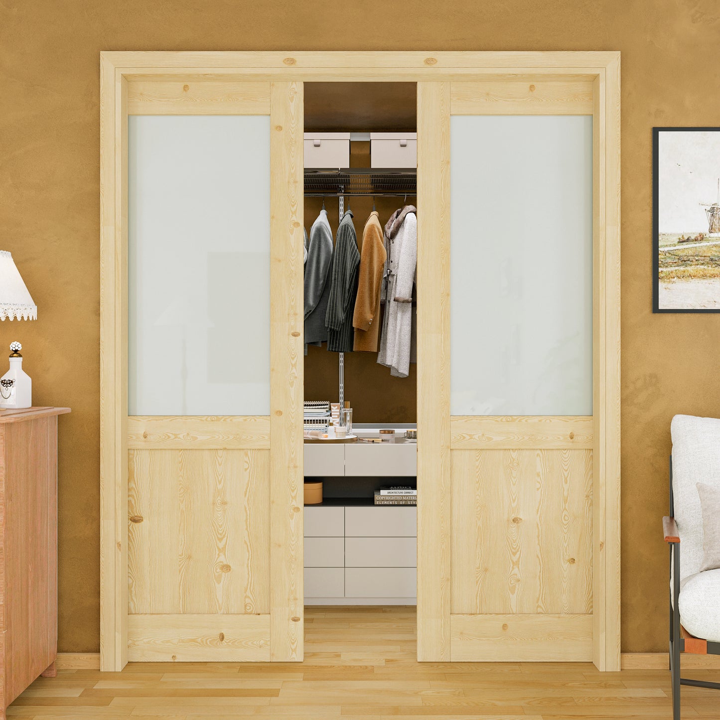 JUJUBON Soft-Close Sliding Pocket Doors, Half Tempered Frosted Glass&Pine Wood Door Slab with Hardware Kit&Pocket Door Frame, Interior Sliding Doors for 2x4 Stud, Unfinished