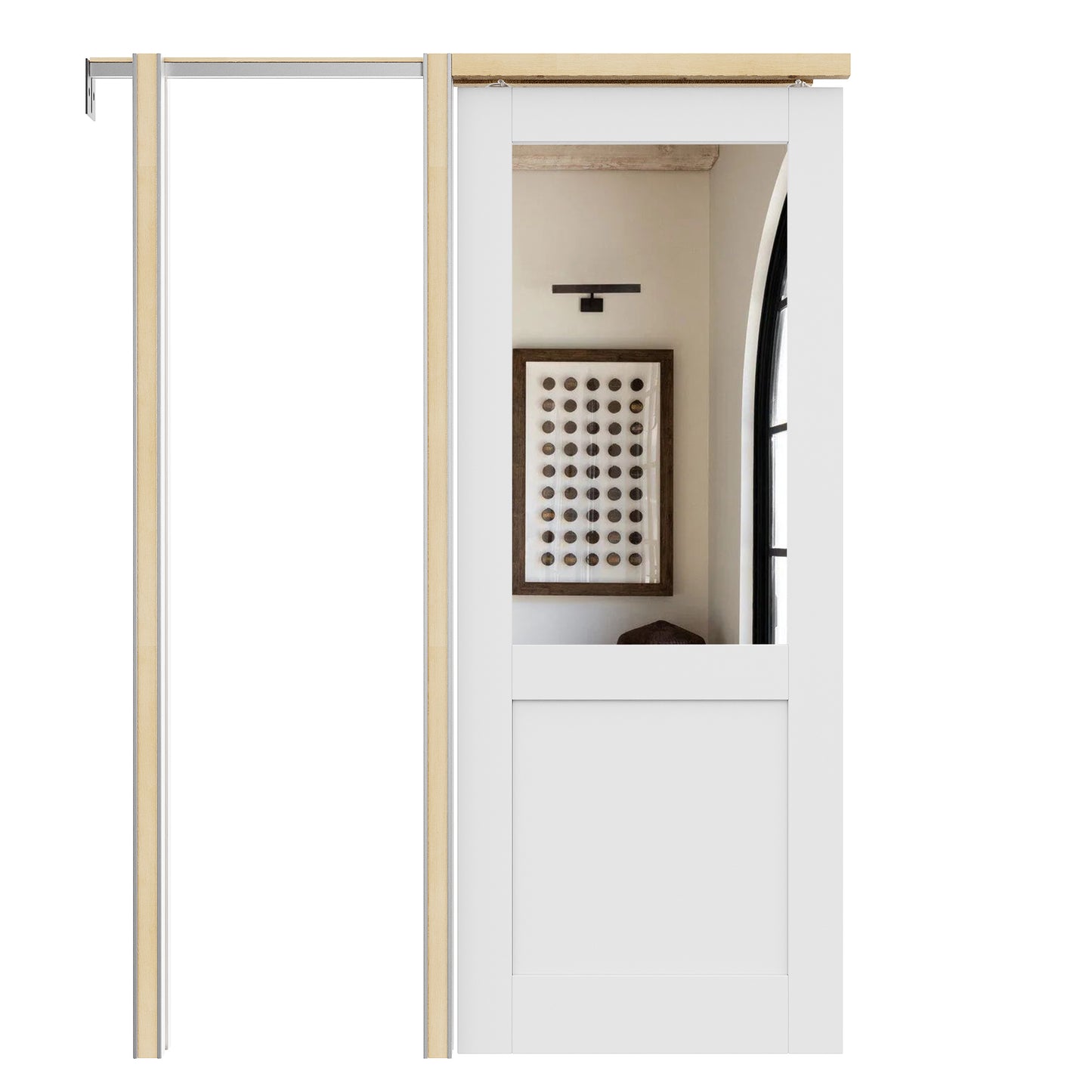 JUJUBON Soft-Close Sliding Pocket Doors, Mirror Door Slab with Hardware Kit&Pocket Door Frame, Interior Sliding Doors for 2x4 Stud, Pre-Finished&Paintable, One Side Mirror&The Opposite White