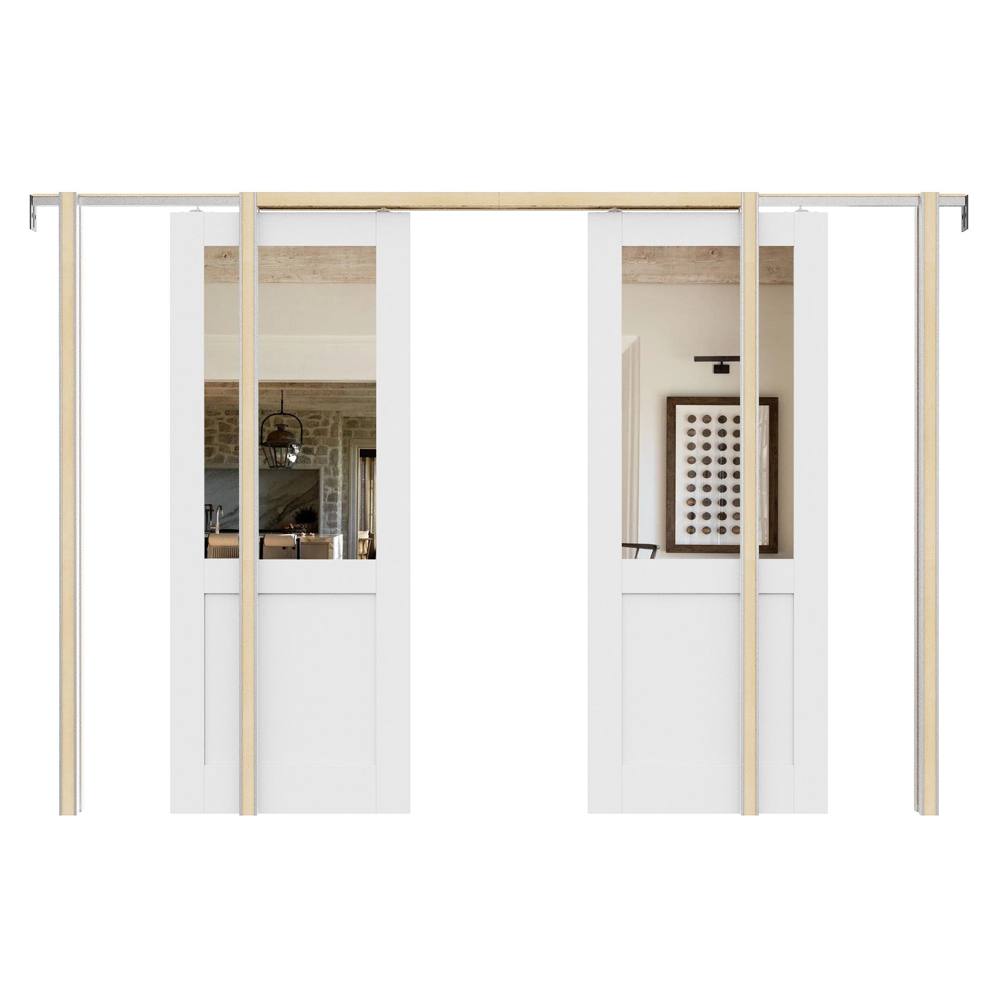 JUJUBON Soft-Close Sliding Pocket Doors, Mirror Door Slab with Hardware Kit&Pocket Door Frame, Interior Sliding Doors for 2x4 Stud, Pre-Finished&Paintable, One Side Mirror&The Opposite White