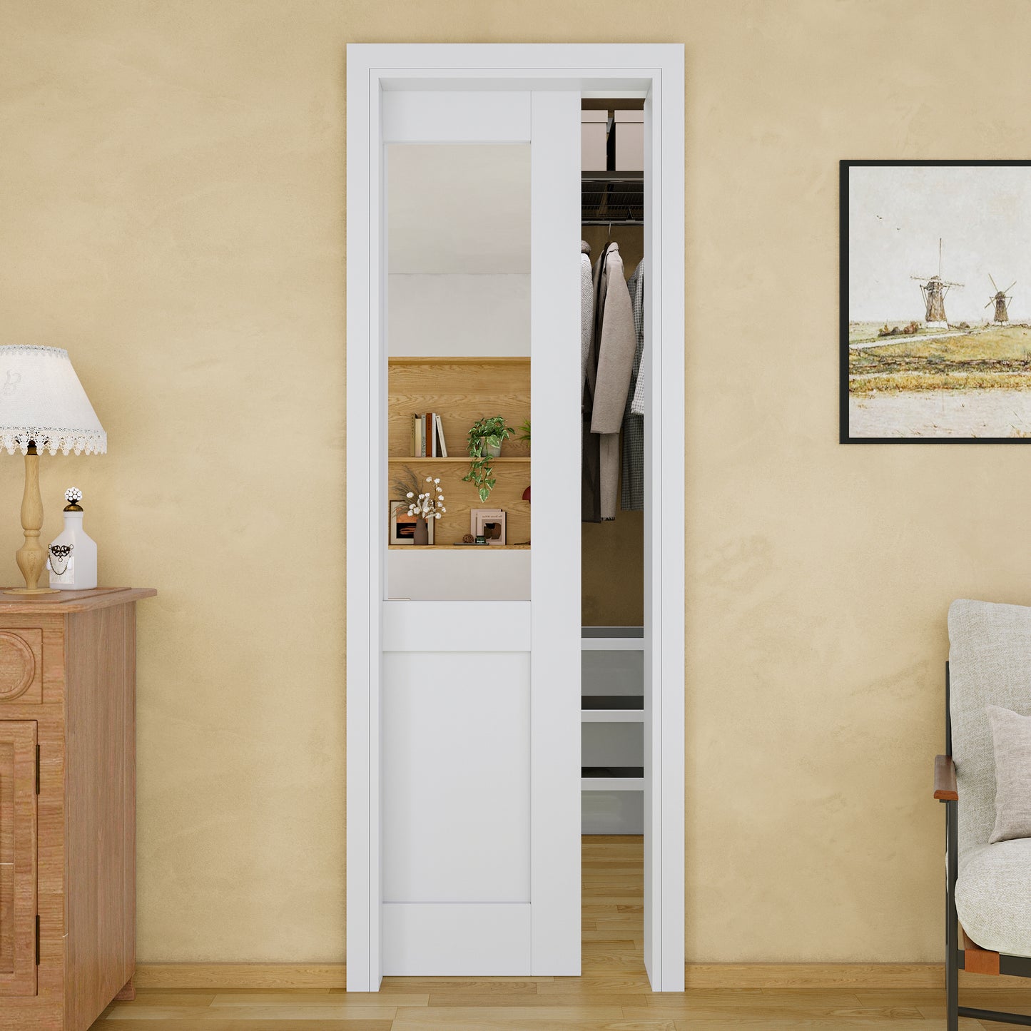 JUJUBON Soft-Close Sliding Pocket Doors, Mirror Door Slab with Hardware Kit&Pocket Door Frame, Interior Sliding Doors for 2x4 Stud, Pre-Finished&Paintable, One Side Mirror&The Opposite White