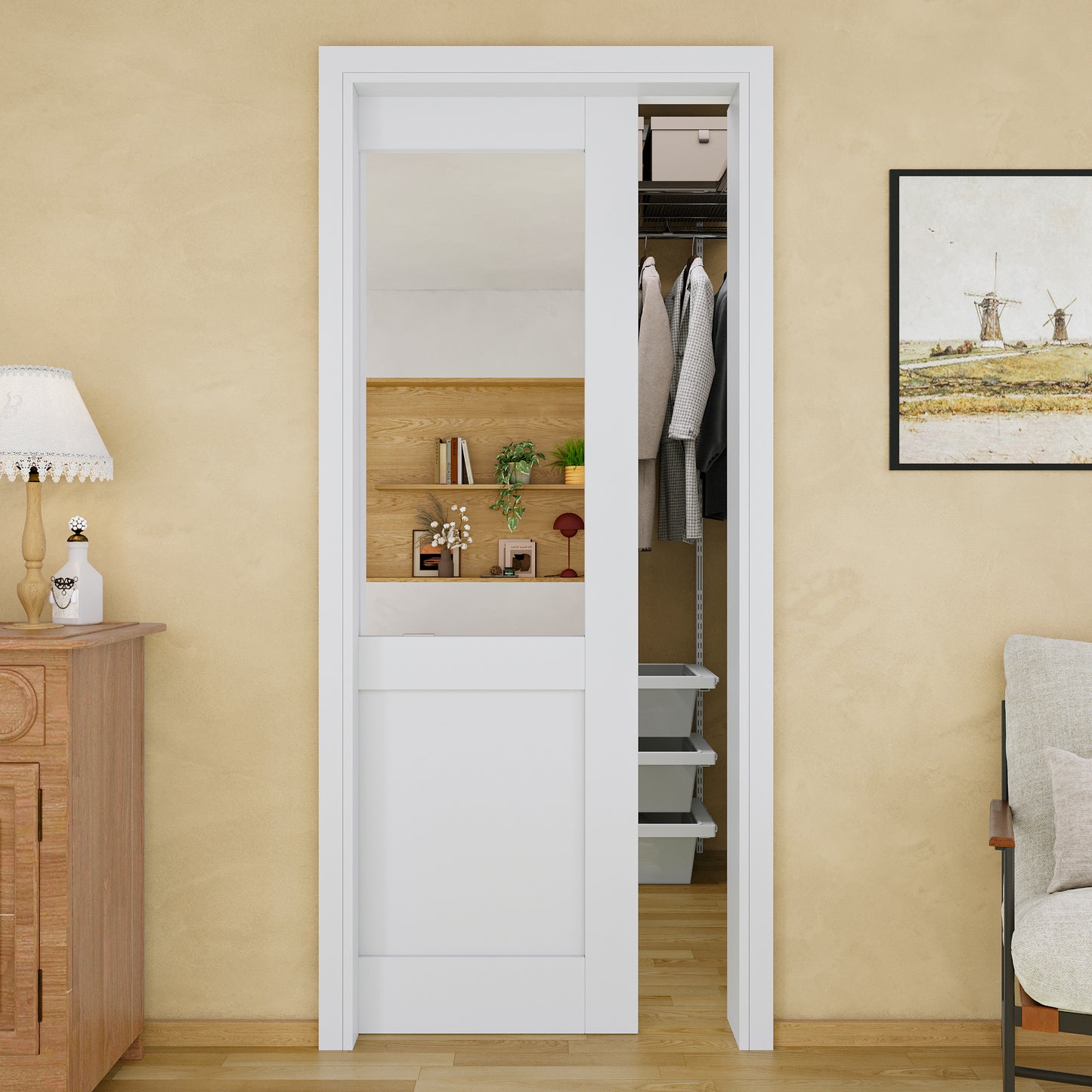 JUJUBON Soft-Close Sliding Pocket Doors, Mirror Door Slab with Hardware Kit&Pocket Door Frame, Interior Sliding Doors for 2x4 Stud, Pre-Finished&Paintable, One Side Mirror&The Opposite White