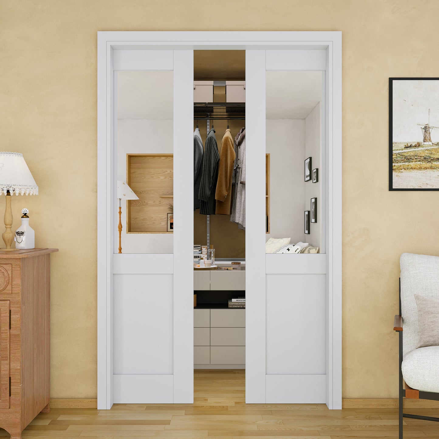 JUJUBON Soft-Close Sliding Pocket Doors, Mirror Door Slab with Hardware Kit&Pocket Door Frame, Interior Sliding Doors for 2x4 Stud, Pre-Finished&Paintable, One Side Mirror&The Opposite White