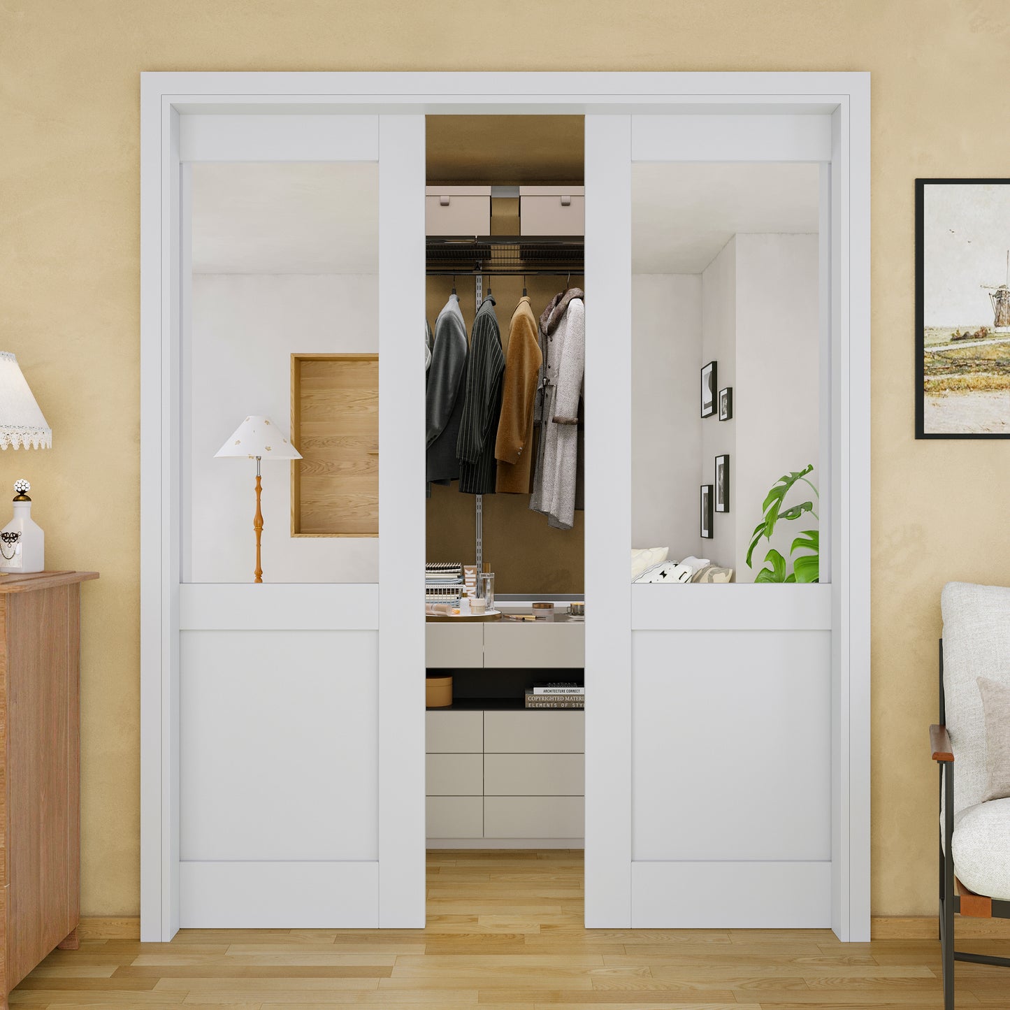 JUJUBON Soft-Close Sliding Pocket Doors, Mirror Door Slab with Hardware Kit&Pocket Door Frame, Interior Sliding Doors for 2x4 Stud, Pre-Finished&Paintable, One Side Mirror&The Opposite White