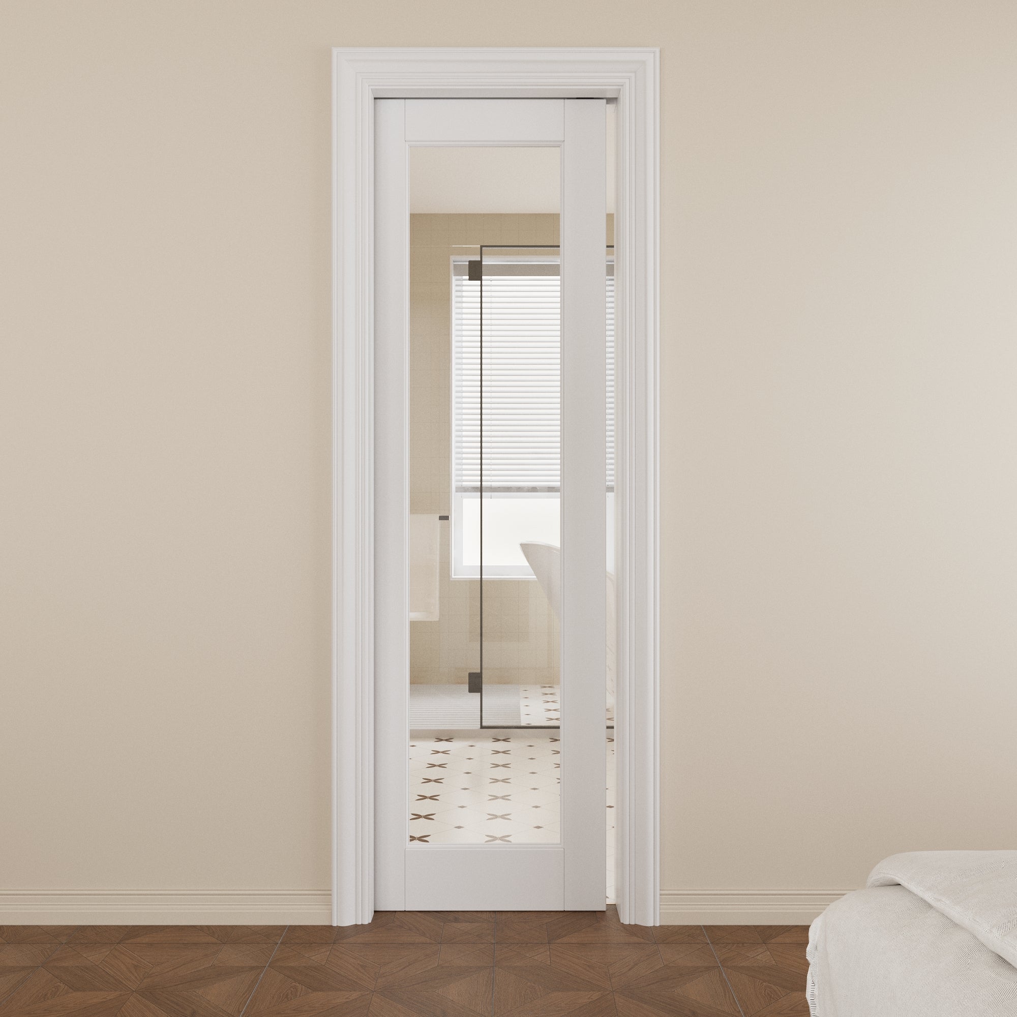 JUJUBON Soft-Close Sliding Pocket Doors, Tempered Clear Glass Door Slab with Hardware Kit&Pocket Door Frame, Interior Sliding Doors for 2x4 Stud, Pre-Finished&Paintable