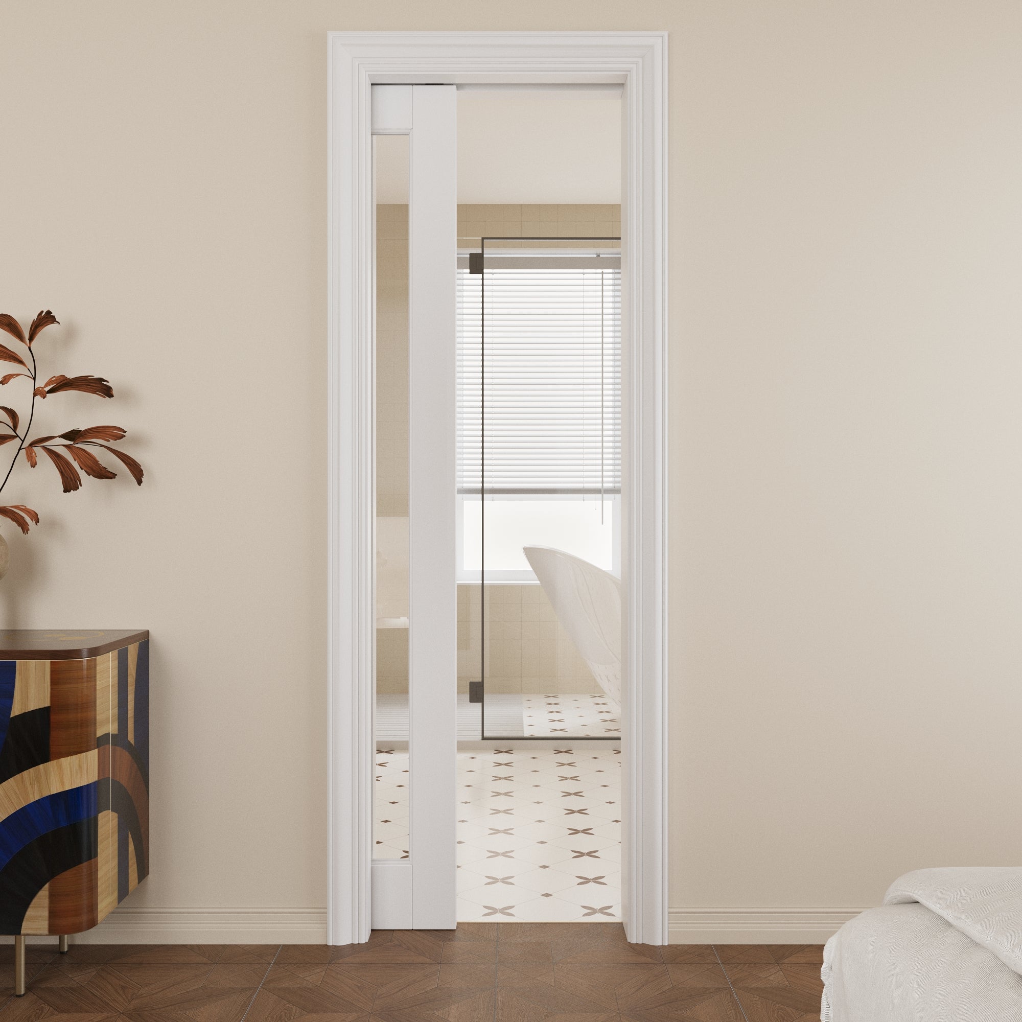 JUJUBON Soft-Close Sliding Pocket Doors, Tempered Clear Glass Door Slab with Hardware Kit&Pocket Door Frame, Interior Sliding Doors for 2x4 Stud, Pre-Finished&Paintable
