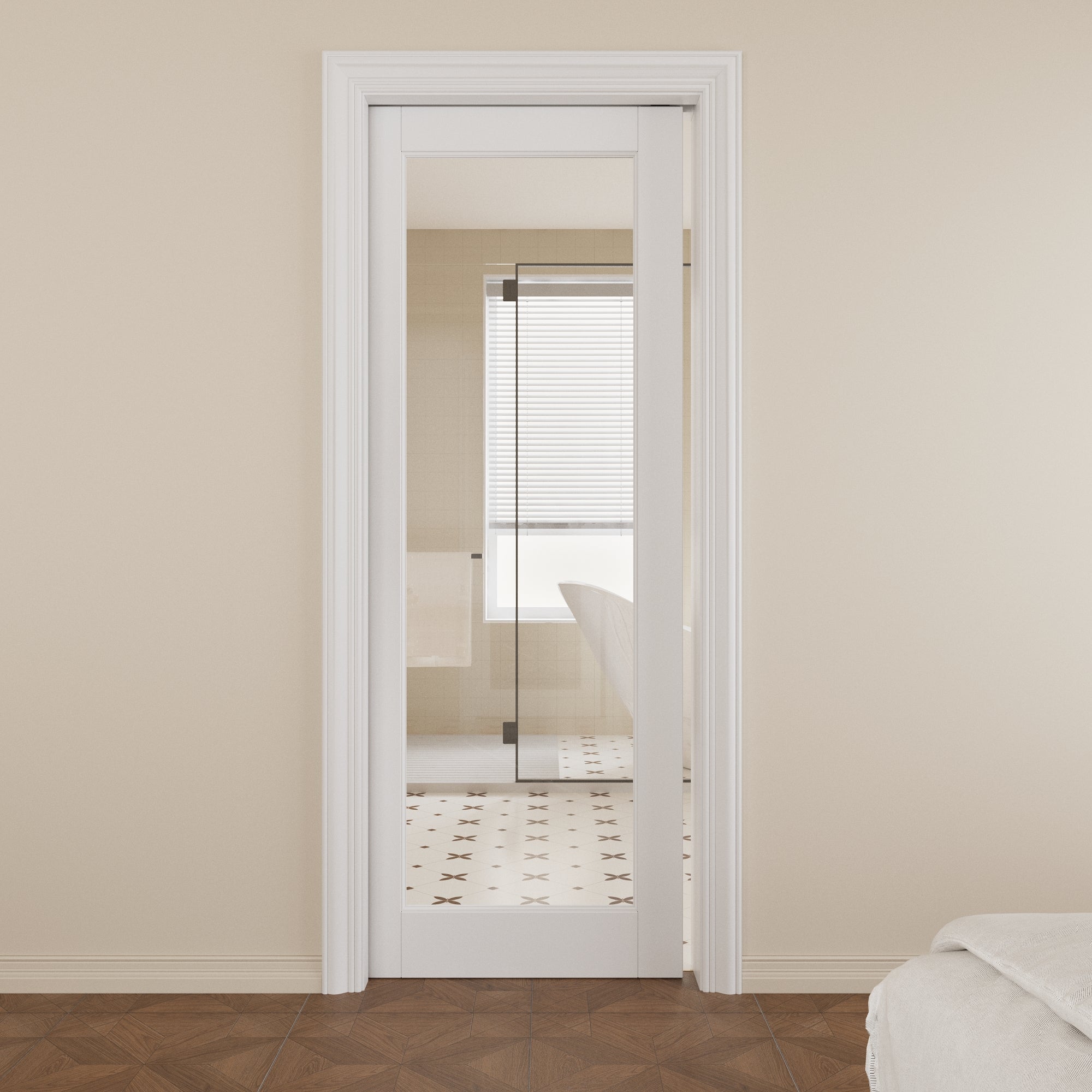 JUJUBON Soft-Close Sliding Pocket Doors, Tempered Clear Glass Door Slab with Hardware Kit&Pocket Door Frame, Interior Sliding Doors for 2x4 Stud, Pre-Finished&Paintable