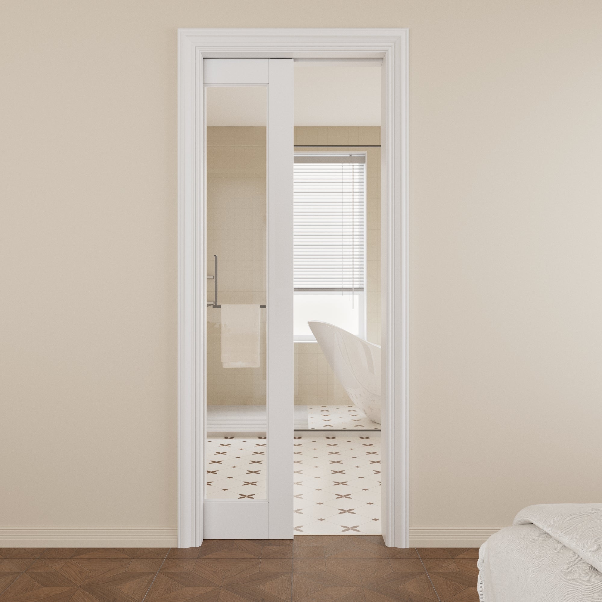 JUJUBON Soft-Close Sliding Pocket Doors, Tempered Clear Glass Door Slab with Hardware Kit&Pocket Door Frame, Interior Sliding Doors for 2x4 Stud, Pre-Finished&Paintable