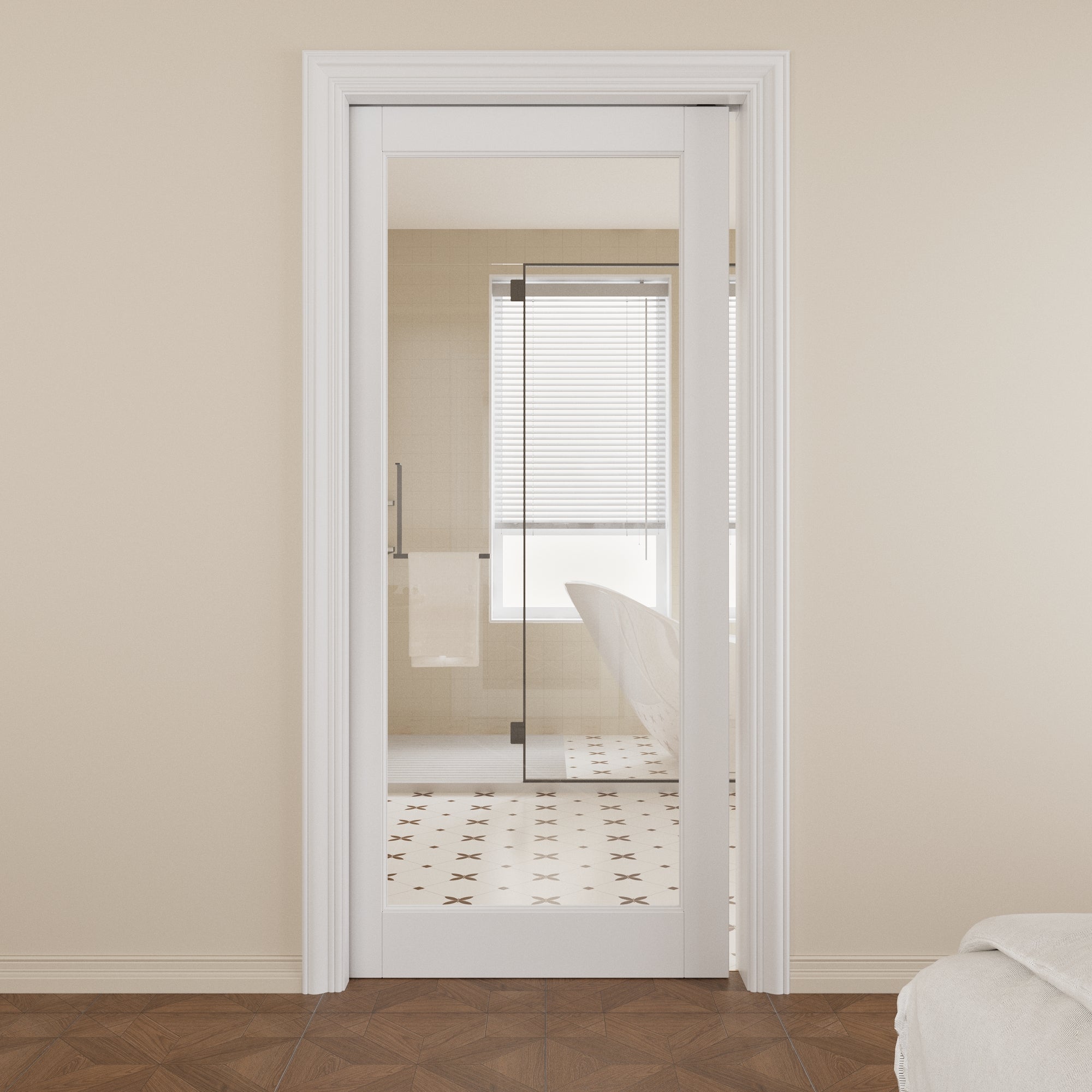 JUJUBON Soft-Close Sliding Pocket Doors, Tempered Clear Glass Door Slab with Hardware Kit&Pocket Door Frame, Interior Sliding Doors for 2x4 Stud, Pre-Finished&Paintable