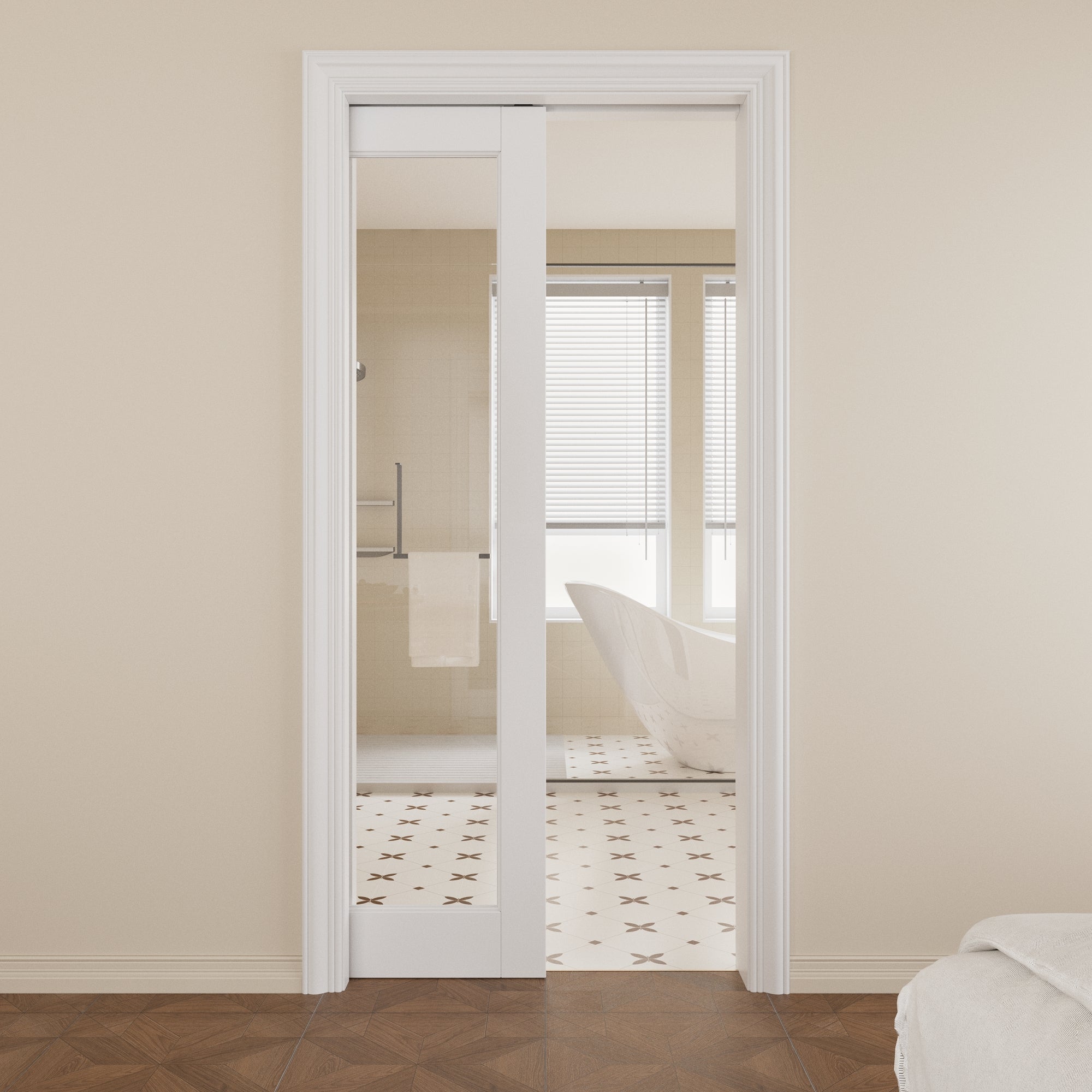 JUJUBON Soft-Close Sliding Pocket Doors, Tempered Clear Glass Door Slab with Hardware Kit&Pocket Door Frame, Interior Sliding Doors for 2x4 Stud, Pre-Finished&Paintable