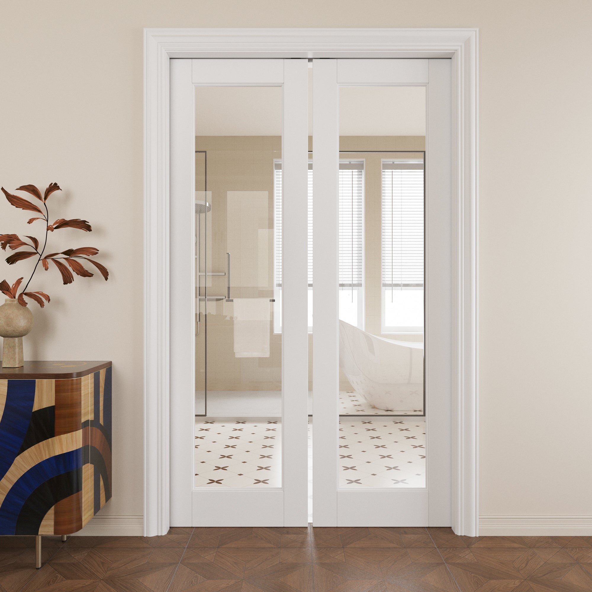 JUJUBON Soft-Close Sliding Pocket Doors, Tempered Clear Glass Door Slab with Hardware Kit&Pocket Door Frame, Interior Sliding Doors for 2x4 Stud, Pre-Finished&Paintable