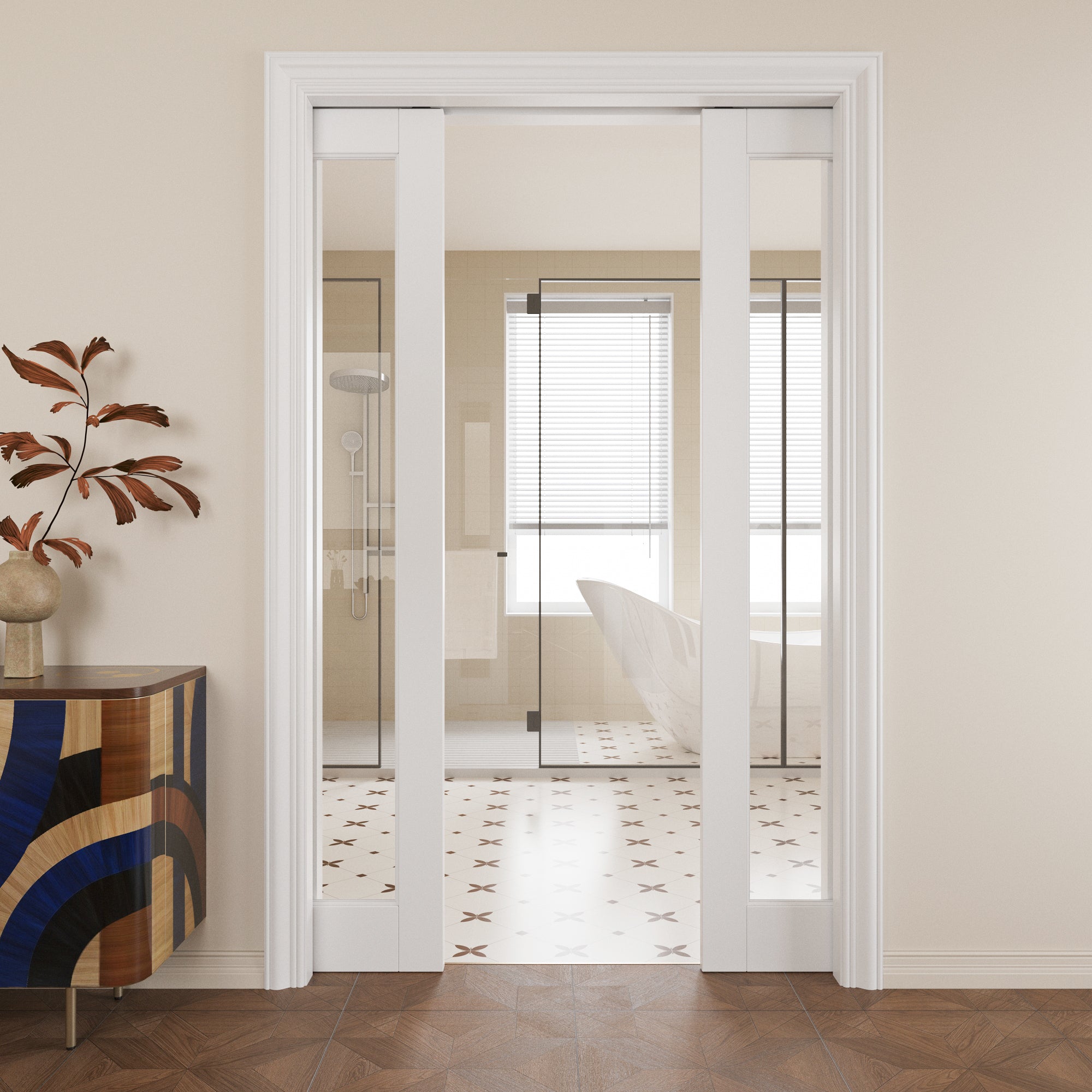 JUJUBON Soft-Close Sliding Pocket Doors, Tempered Clear Glass Door Slab with Hardware Kit&Pocket Door Frame, Interior Sliding Doors for 2x4 Stud, Pre-Finished&Paintable