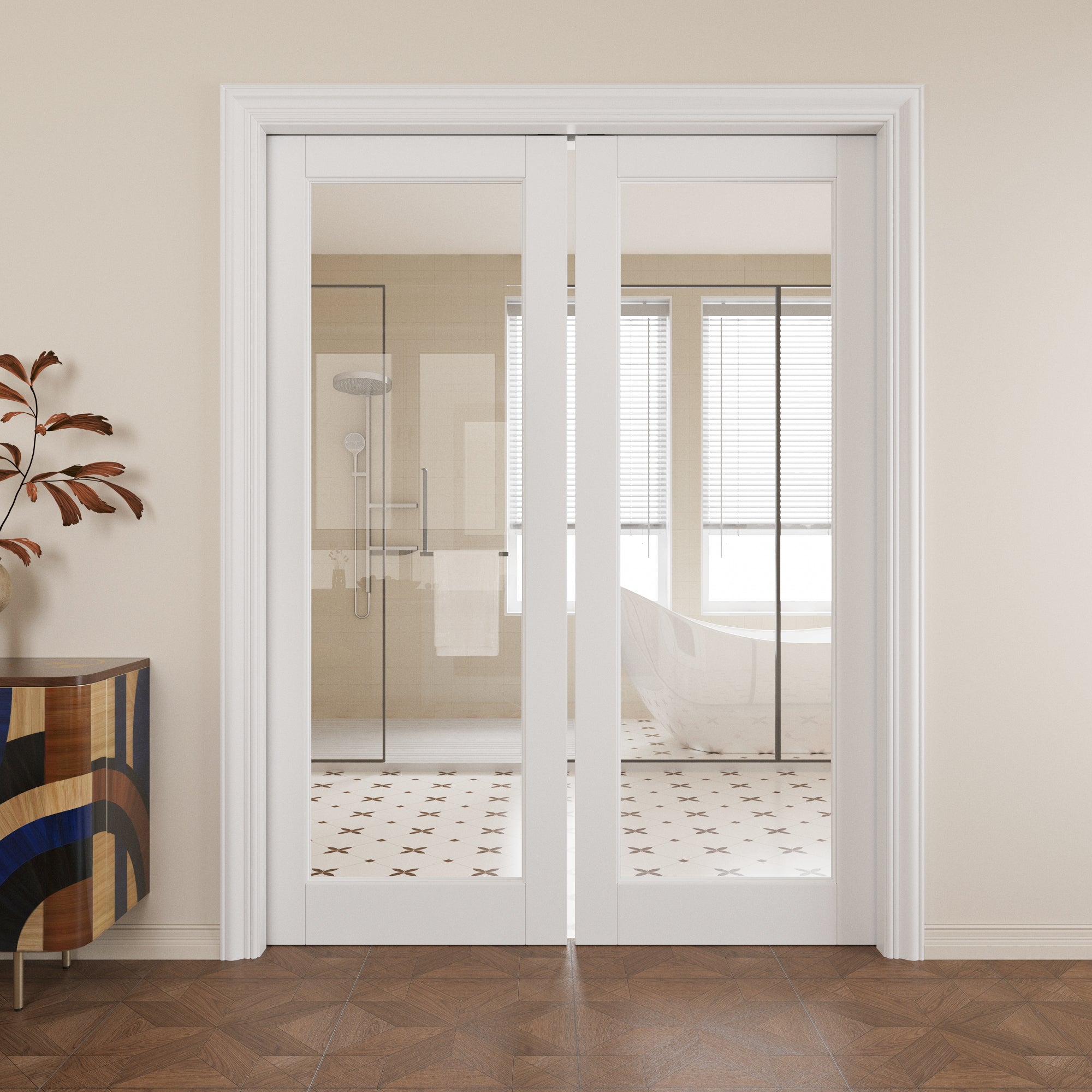 JUJUBON Soft-Close Sliding Pocket Doors, Tempered Clear Glass Door Slab with Hardware Kit&Pocket Door Frame, Interior Sliding Doors for 2x4 Stud, Pre-Finished&Paintable