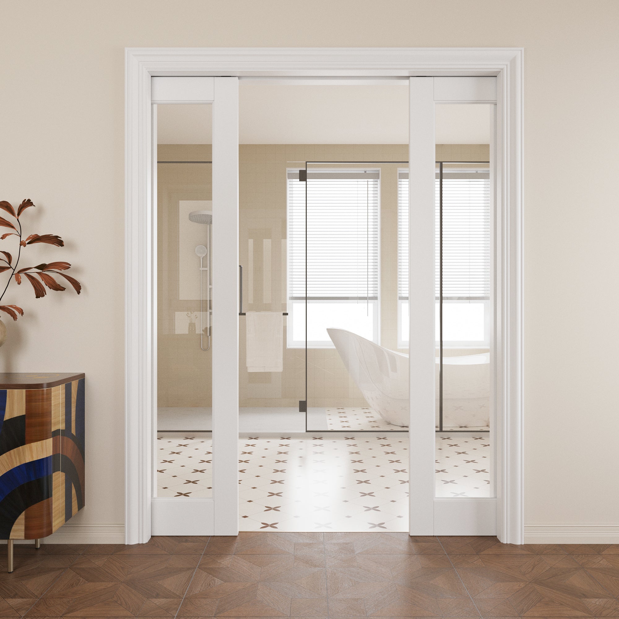 JUJUBON Soft-Close Sliding Pocket Doors, Tempered Clear Glass Door Slab with Hardware Kit&Pocket Door Frame, Interior Sliding Doors for 2x4 Stud, Pre-Finished&Paintable