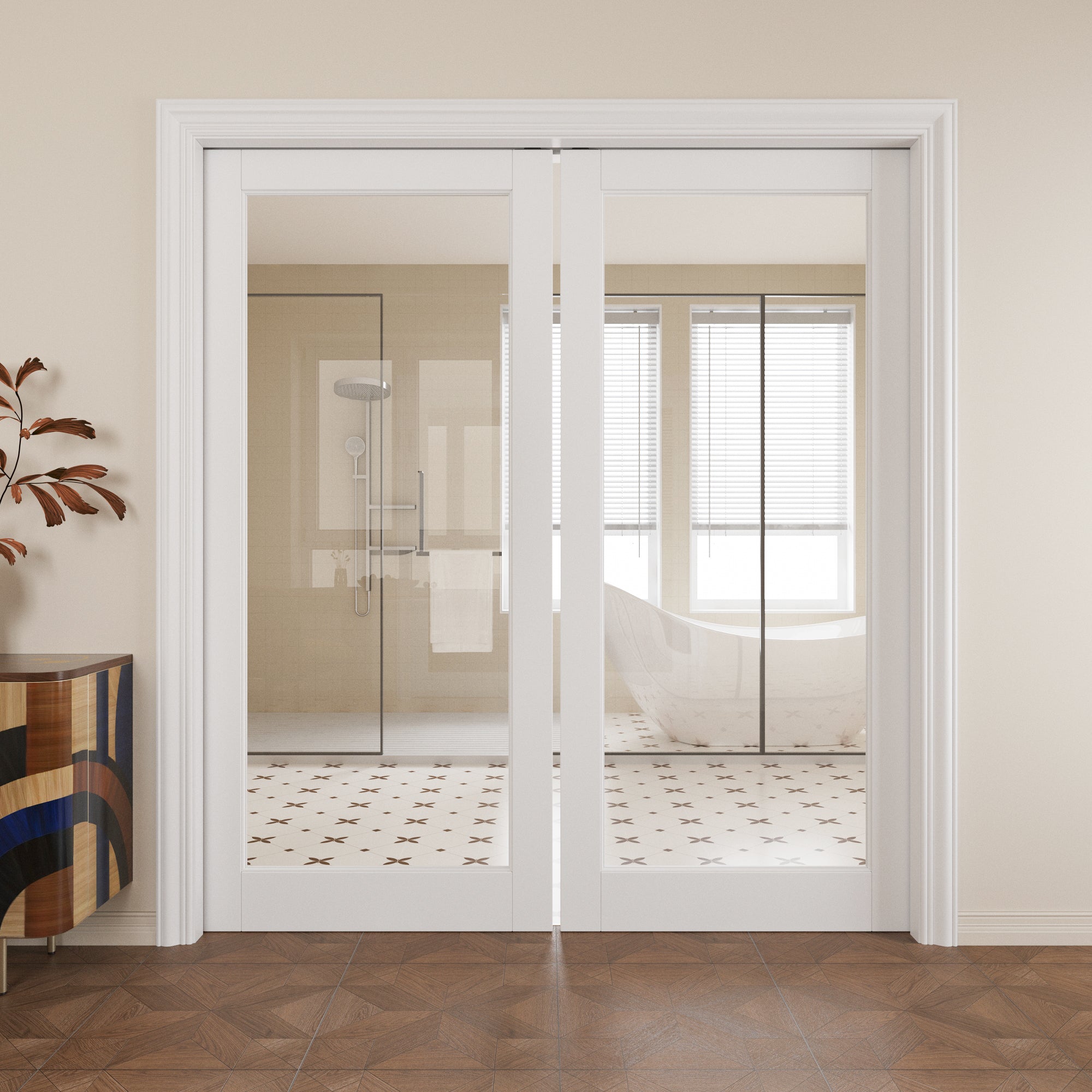 JUJUBON Soft-Close Sliding Pocket Doors, Tempered Clear Glass Door Slab with Hardware Kit&Pocket Door Frame, Interior Sliding Doors for 2x4 Stud, Pre-Finished&Paintable