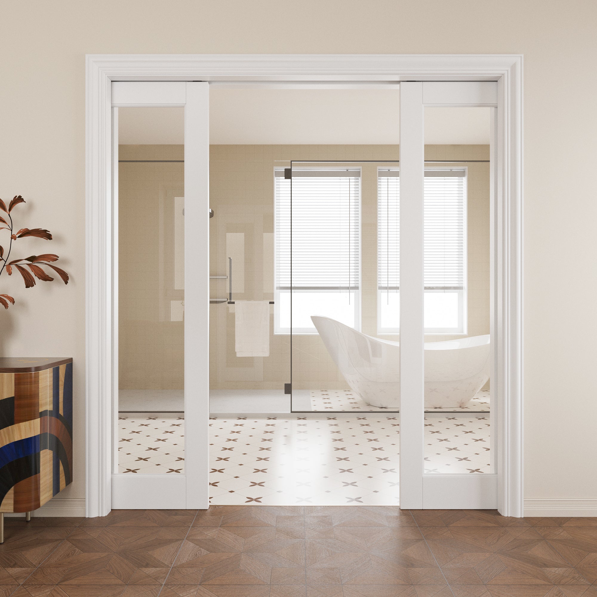 JUJUBON Soft-Close Sliding Pocket Doors, Tempered Clear Glass Door Slab with Hardware Kit&Pocket Door Frame, Interior Sliding Doors for 2x4 Stud, Pre-Finished&Paintable