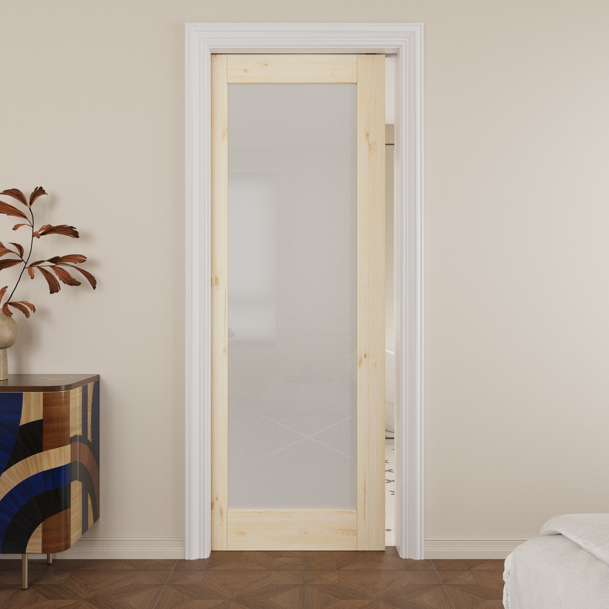 JUJUBON Soft-Close Sliding Pocket Doors, Tempered Frosted Glass&Pine Wood Door Slab with Hardware Kit&Pocket Door Frame, Interior Sliding Doors for 2x4 Stud, Unfinished