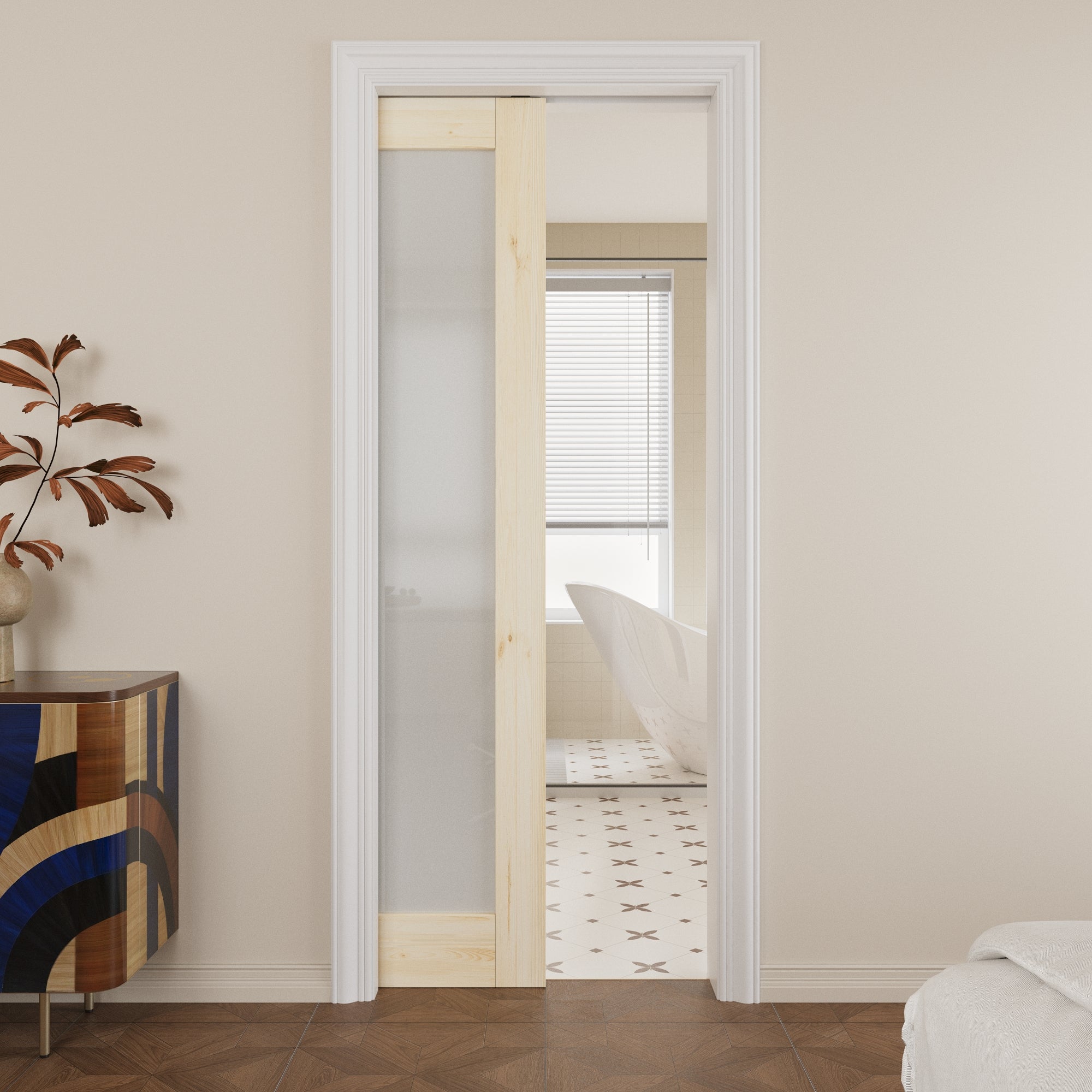 JUJUBON Soft-Close Sliding Pocket Doors, Tempered Frosted Glass&Pine Wood Door Slab with Hardware Kit&Pocket Door Frame, Interior Sliding Doors for 2x4 Stud, Unfinished