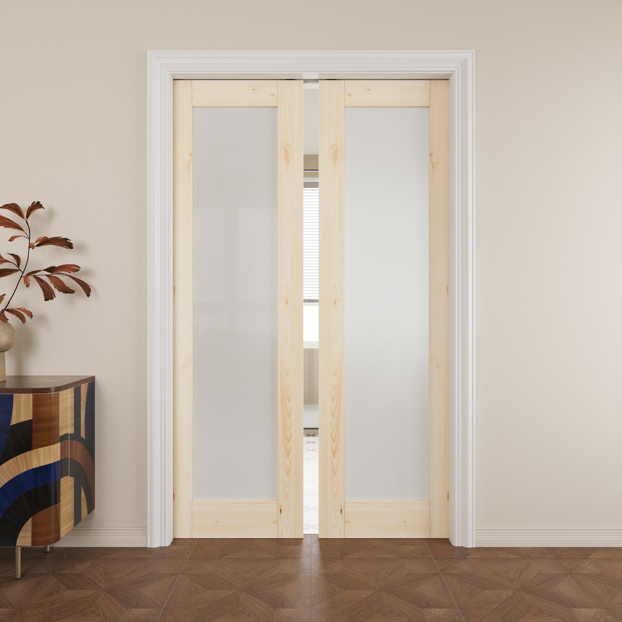 JUJUBON Soft-Close Sliding Pocket Doors, Tempered Frosted Glass&Pine Wood Door Slab with Hardware Kit&Pocket Door Frame, Interior Sliding Doors for 2x4 Stud, Unfinished