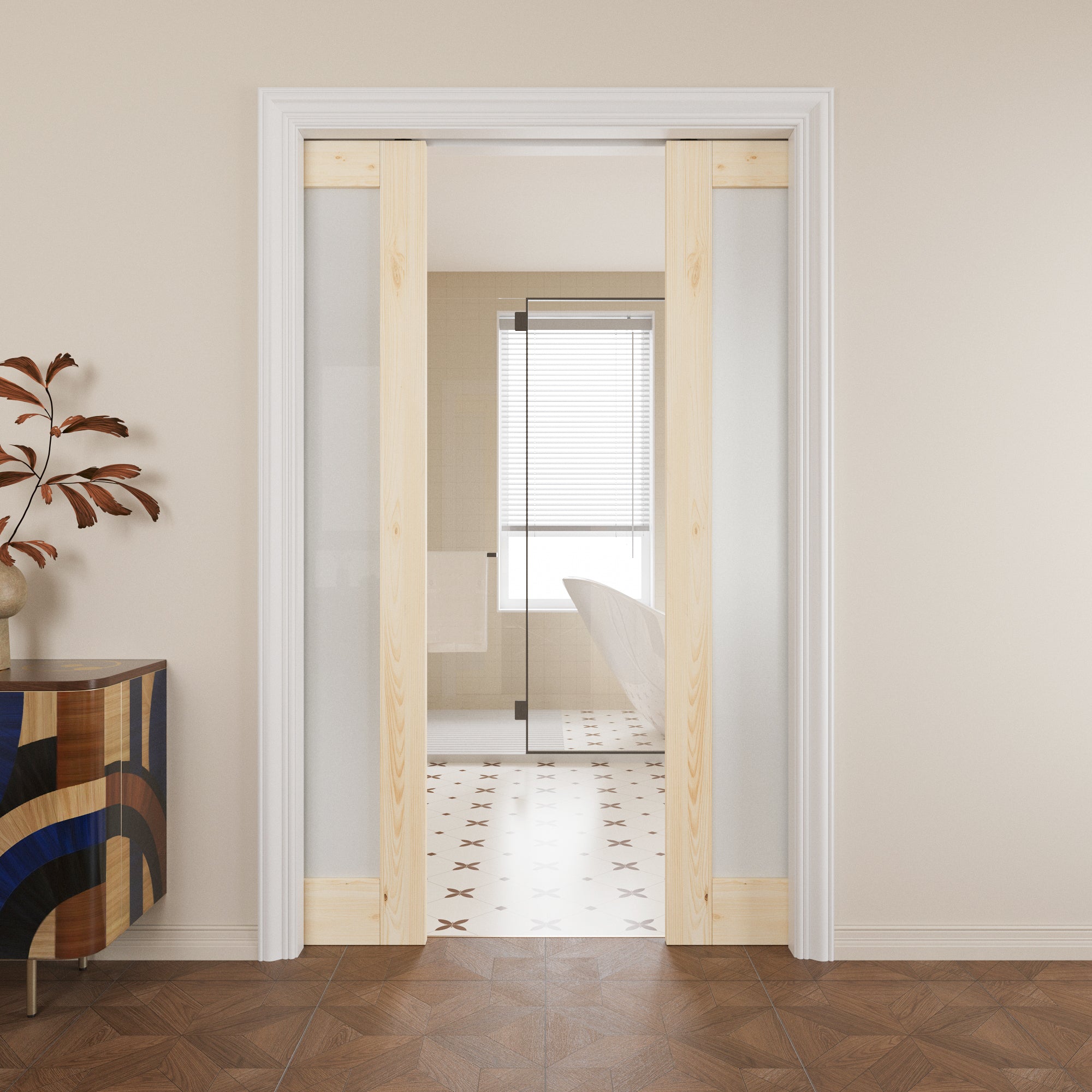 JUJUBON Soft-Close Sliding Pocket Doors, Tempered Frosted Glass&Pine Wood Door Slab with Hardware Kit&Pocket Door Frame, Interior Sliding Doors for 2x4 Stud, Unfinished