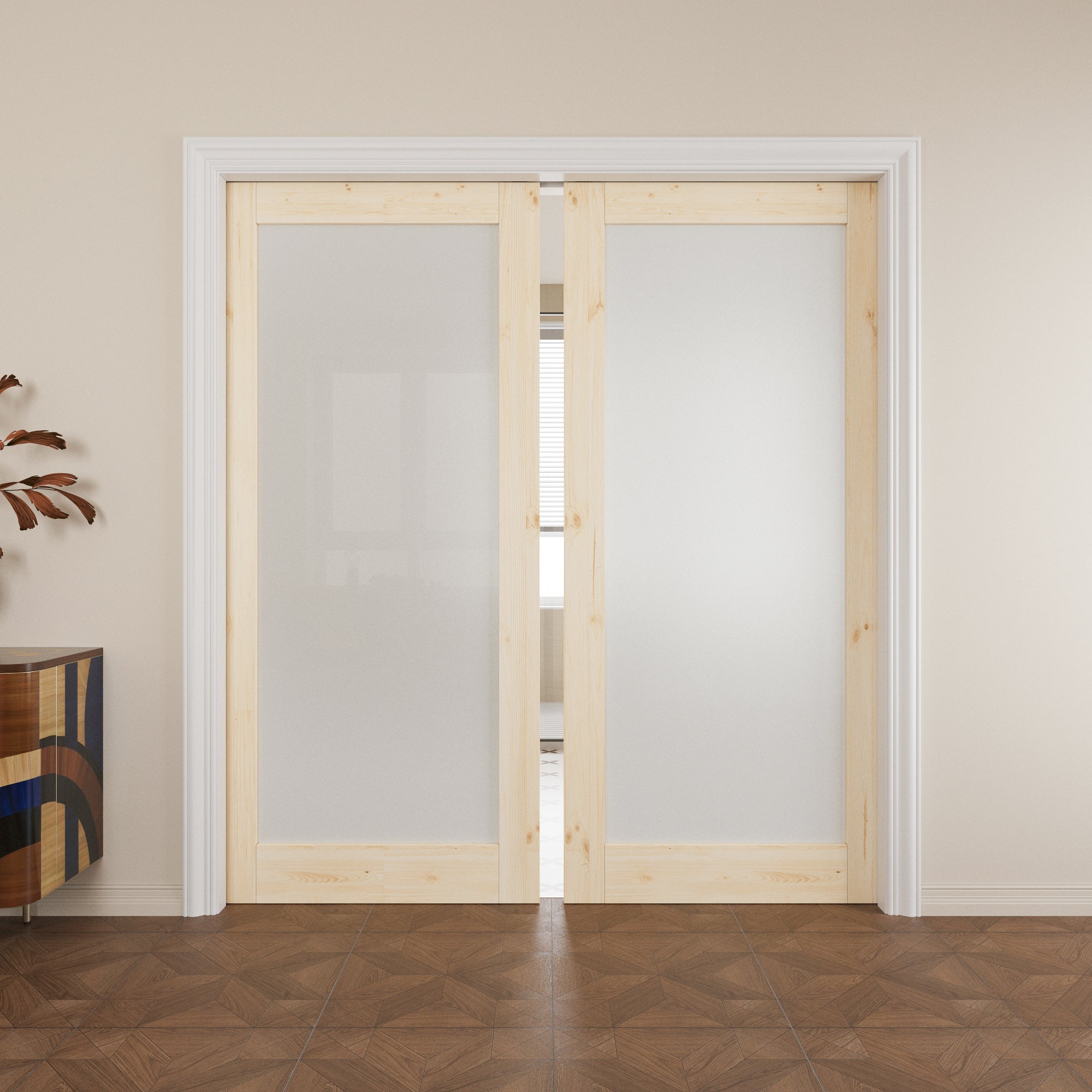 JUJUBON Soft-Close Sliding Pocket Doors, Tempered Frosted Glass&Pine Wood Door Slab with Hardware Kit&Pocket Door Frame, Interior Sliding Doors for 2x4 Stud, Unfinished