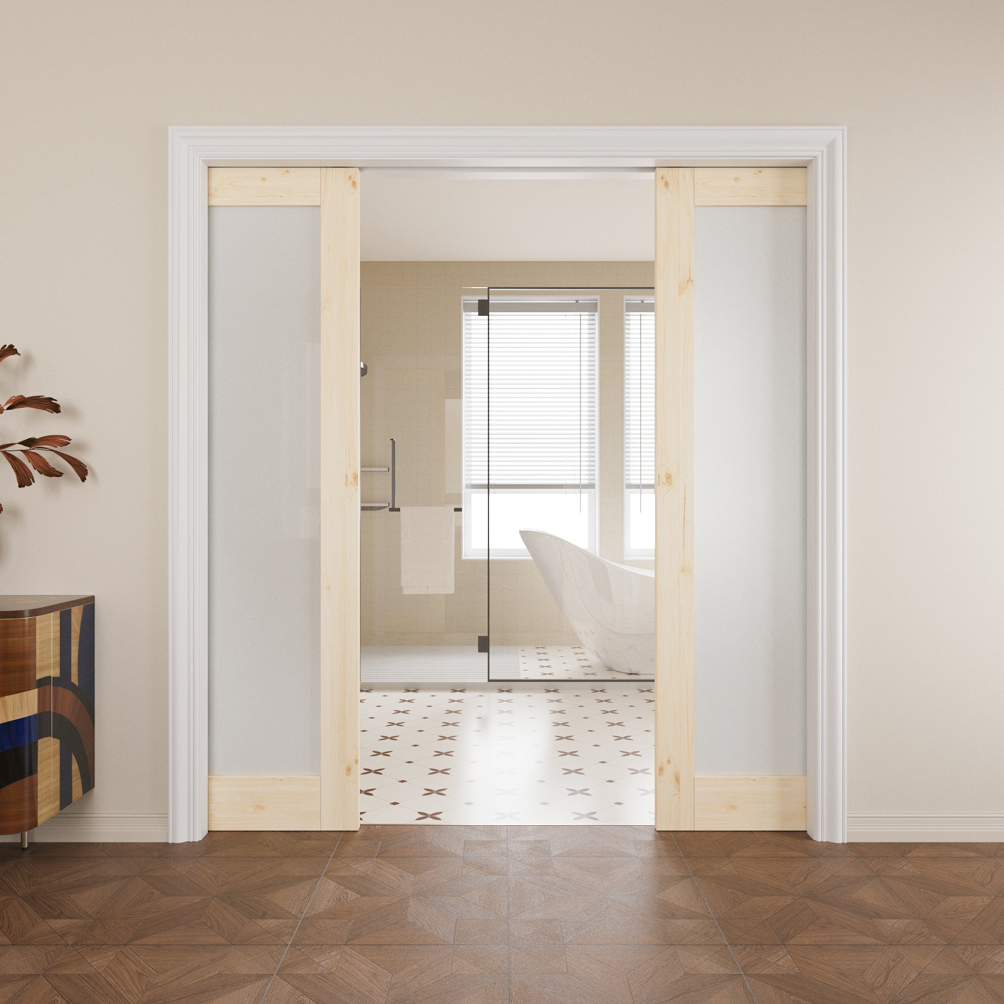 JUJUBON Soft-Close Sliding Pocket Doors, Tempered Frosted Glass&Pine Wood Door Slab with Hardware Kit&Pocket Door Frame, Interior Sliding Doors for 2x4 Stud, Unfinished