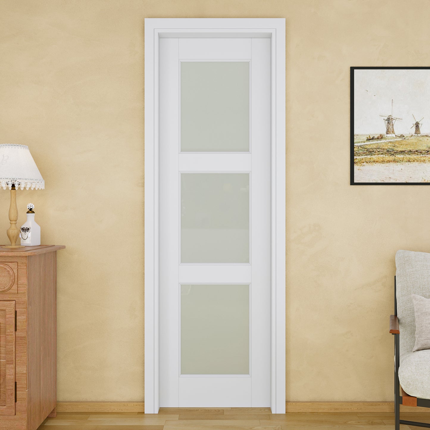 JUJUBON Soft-Close Sliding Pocket Doors, 3 Panel Tempered Frosted Glass Door Slab with Hardware Kit&Pocket Door Frame, Interior Sliding Doors for 2x4 Stud, Pre-Finished&Paintable