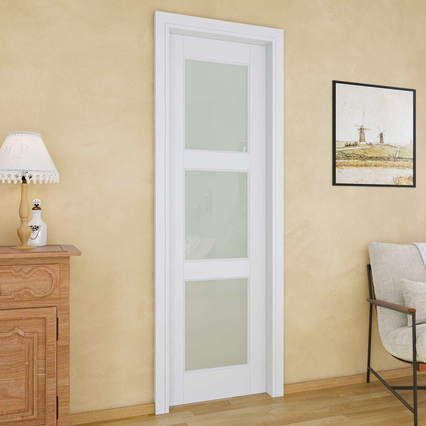 JUJUBON Soft-Close Sliding Pocket Doors, 3 Panel Tempered Frosted Glass Door Slab with Hardware Kit&Pocket Door Frame, Interior Sliding Doors for 2x4 Stud, Pre-Finished&Paintable