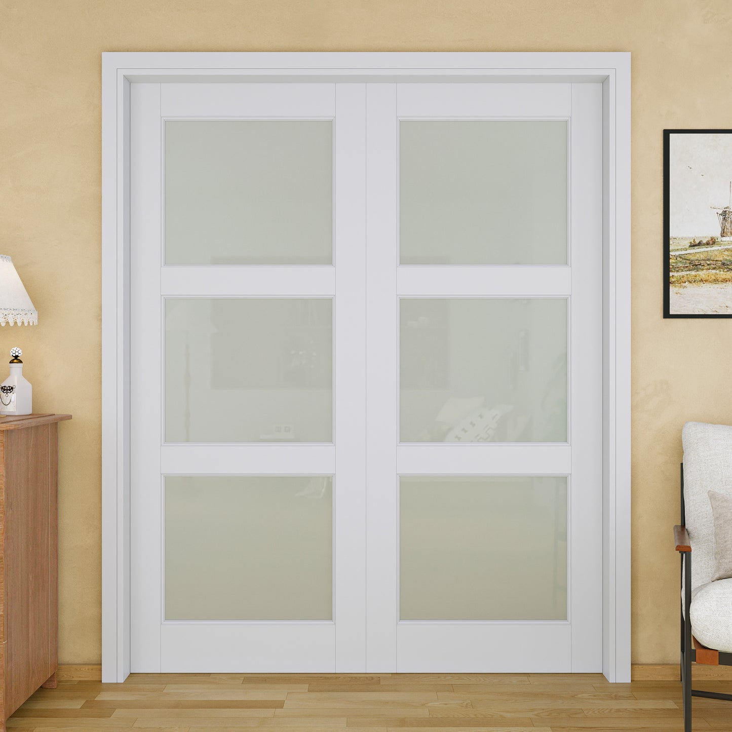 JUJUBON Soft-Close Sliding Pocket Doors, 3 Panel Tempered Frosted Glass Door Slab with Hardware Kit&Pocket Door Frame, Interior Sliding Doors for 2x4 Stud, Pre-Finished&Paintable