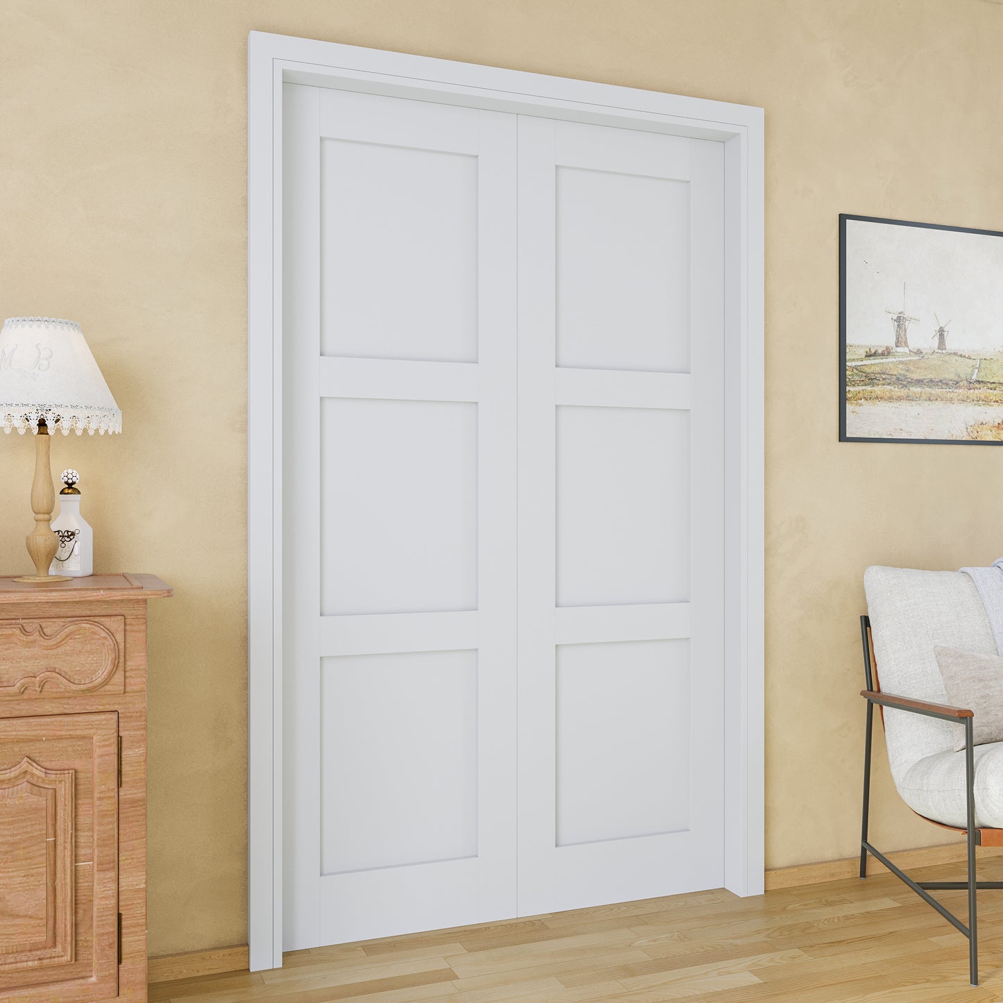 JUJUBON Soft-Close Sliding Pocket Doors, 3 Panel Solid Core MDF Door Slab with Hardware Kit&Pocket Door Frame, Interior Sliding Doors for 2x4 Stud, Pre-Finished&Paintable