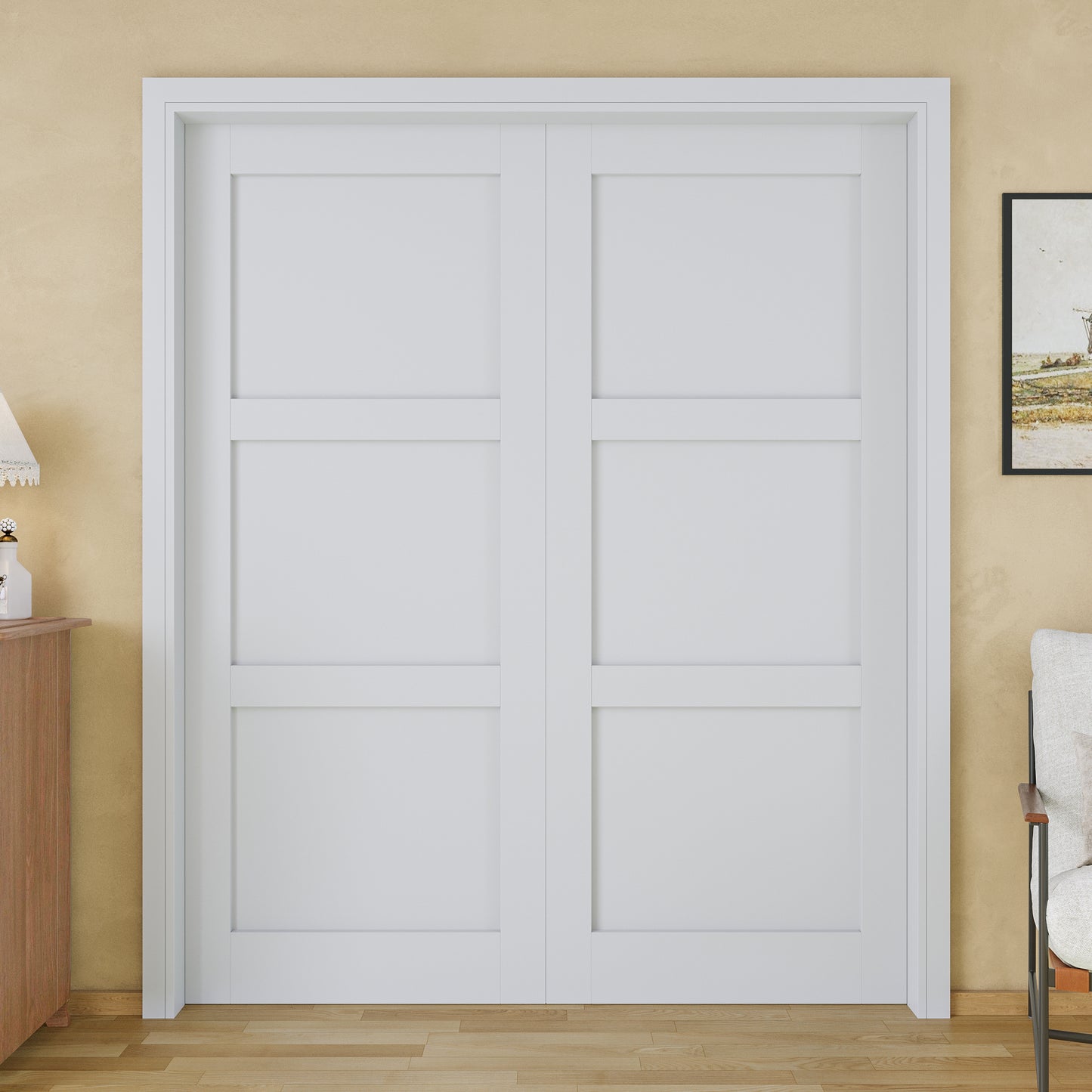 JUJUBON Soft-Close Sliding Pocket Doors, 3 Panel Solid Core MDF Door Slab with Hardware Kit&Pocket Door Frame, Interior Sliding Doors for 2x4 Stud, Pre-Finished&Paintable