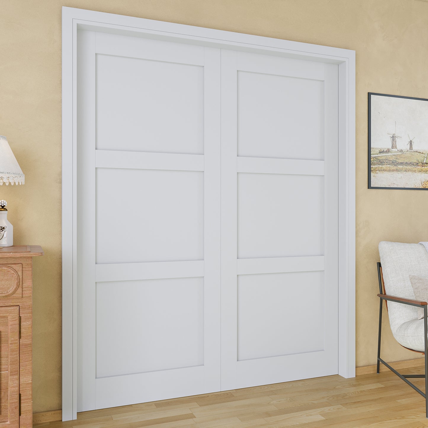 JUJUBON Soft-Close Sliding Pocket Doors, 3 Panel Solid Core MDF Door Slab with Hardware Kit&Pocket Door Frame, Interior Sliding Doors for 2x4 Stud, Pre-Finished&Paintable