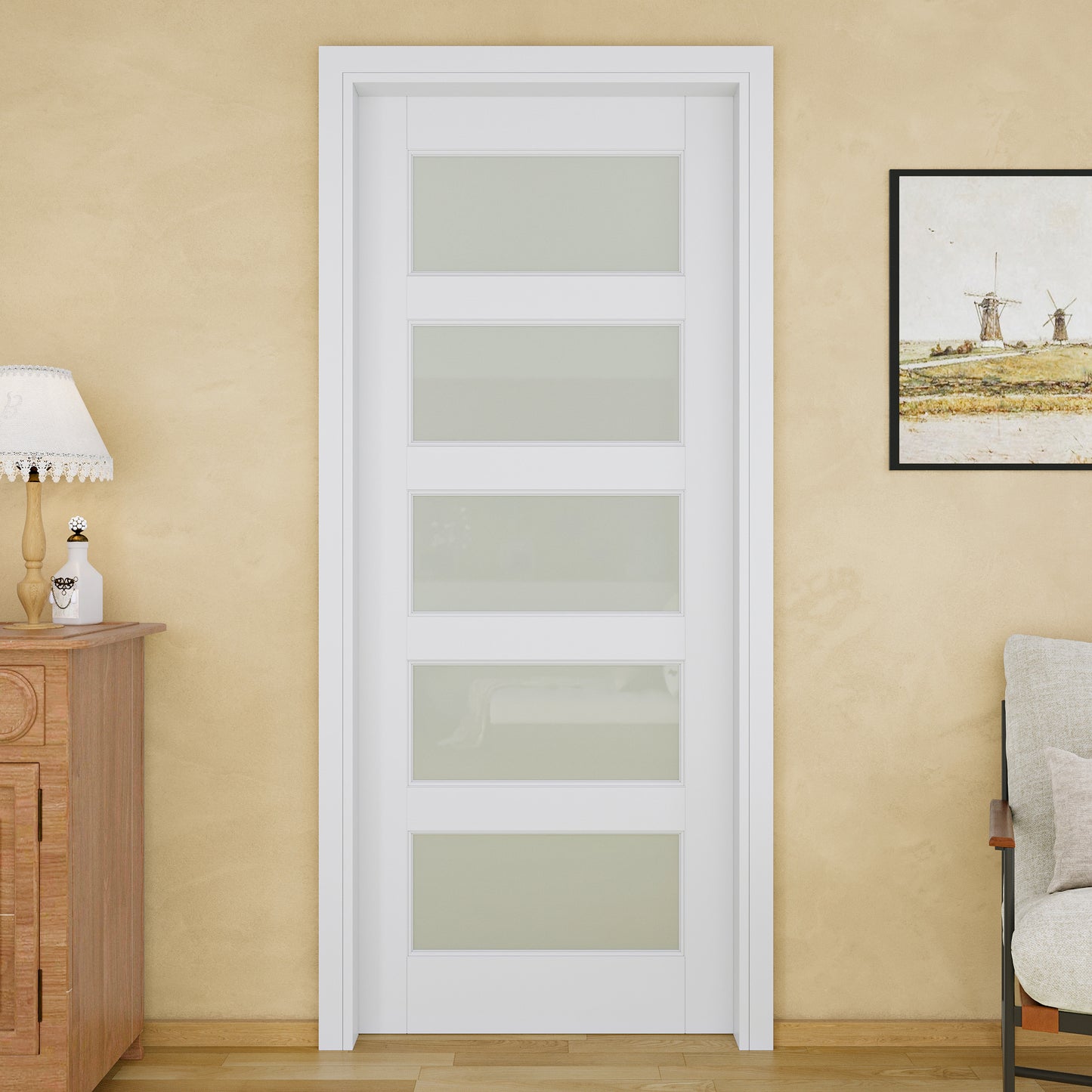 JUJUBON Soft-Close Sliding Pocket Doors, 5 Panel Tempered Frosted Glass Door Slab with Hardware Kit&Pocket Door Frame, Interior Sliding Doors for 2x4 Stud, Pre-Finished&Paintable